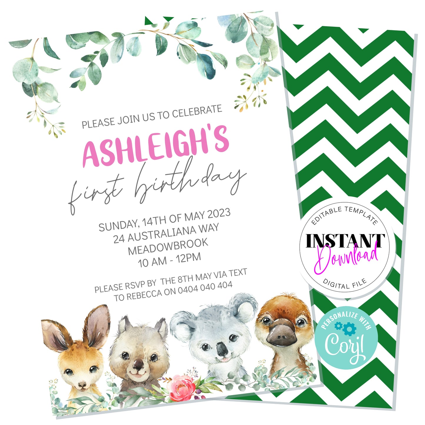 Digital Aussie Animals Invitation, Editable Digital File, 5x7 inches