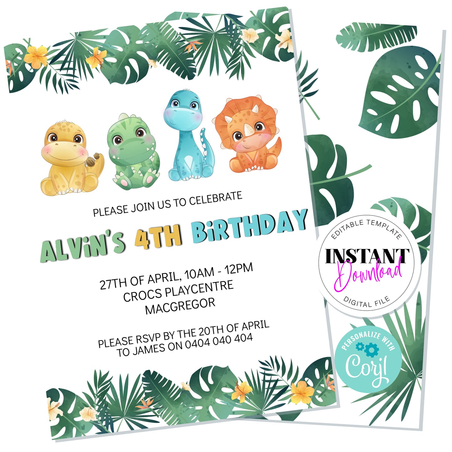 Digital Baby Dinosaur Leaves Invitation, Editable Digital File, 5x7 inches