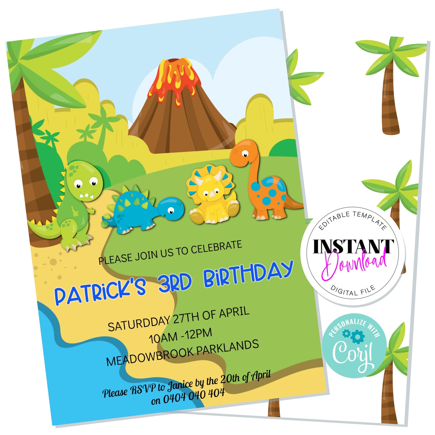 Digital Baby Dinosaur Volcano Invitation, Editable Digital File, 5x7 inches
