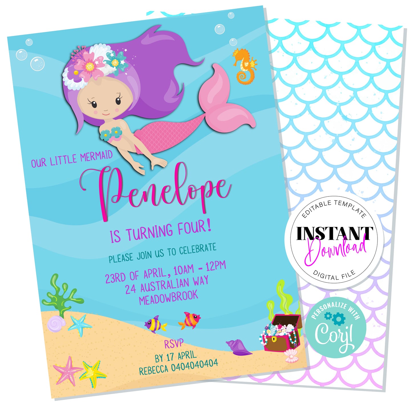 Digital Mermaid Invitation, Editable Digital File, A4 Size