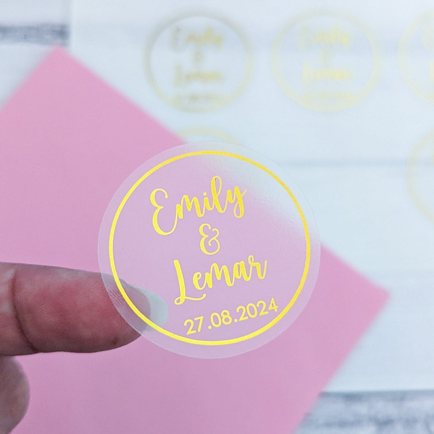 Clear Wedding Invitation Envelope Seals - Bride Groom Names and Date