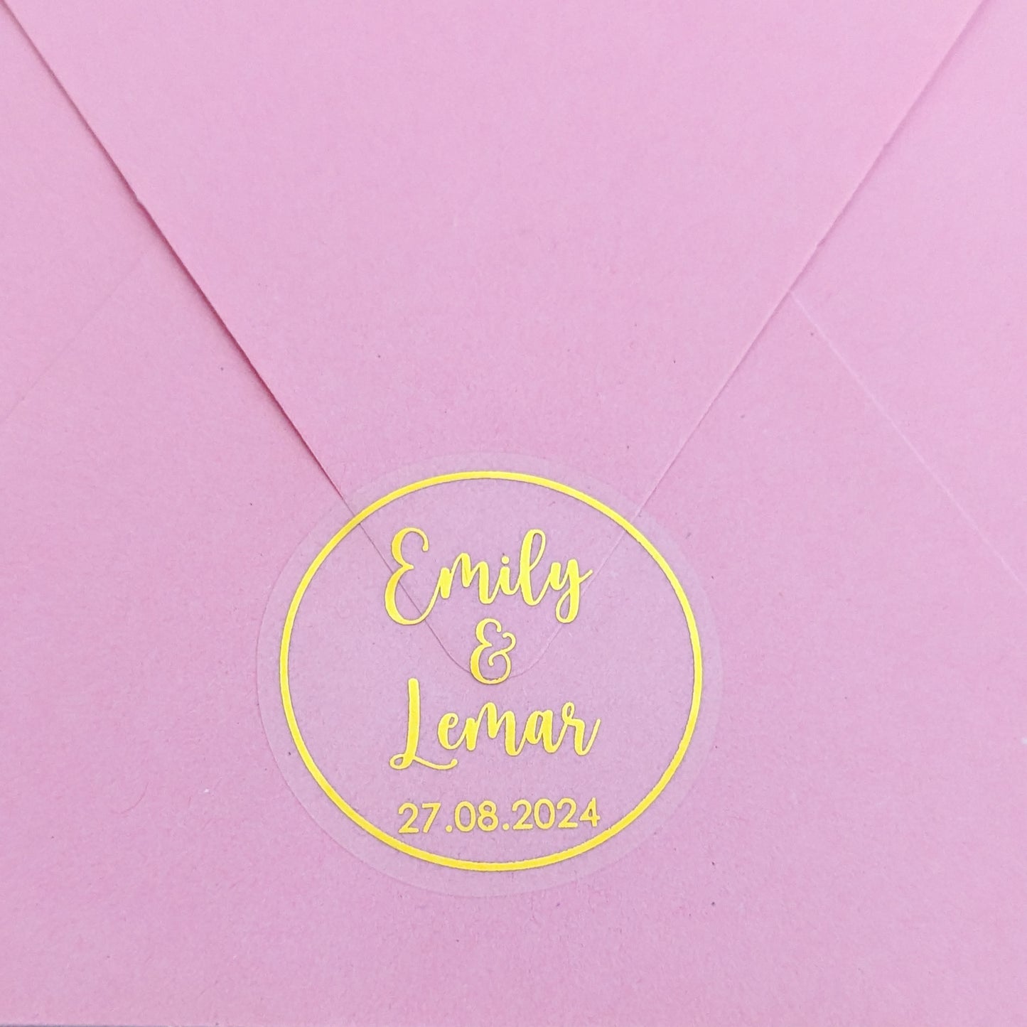 Clear Wedding Invitation Envelope Seals - Bride Groom Names and Date