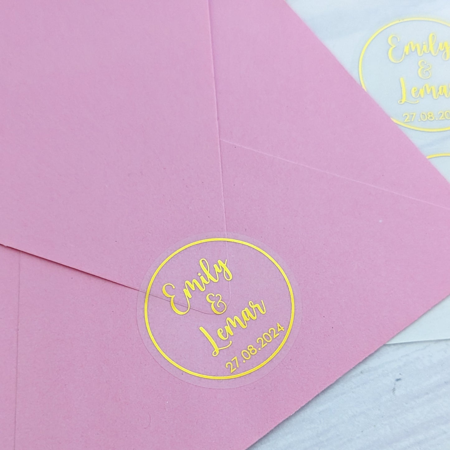 Clear Wedding Invitation Envelope Seals - Bride Groom Names and Date