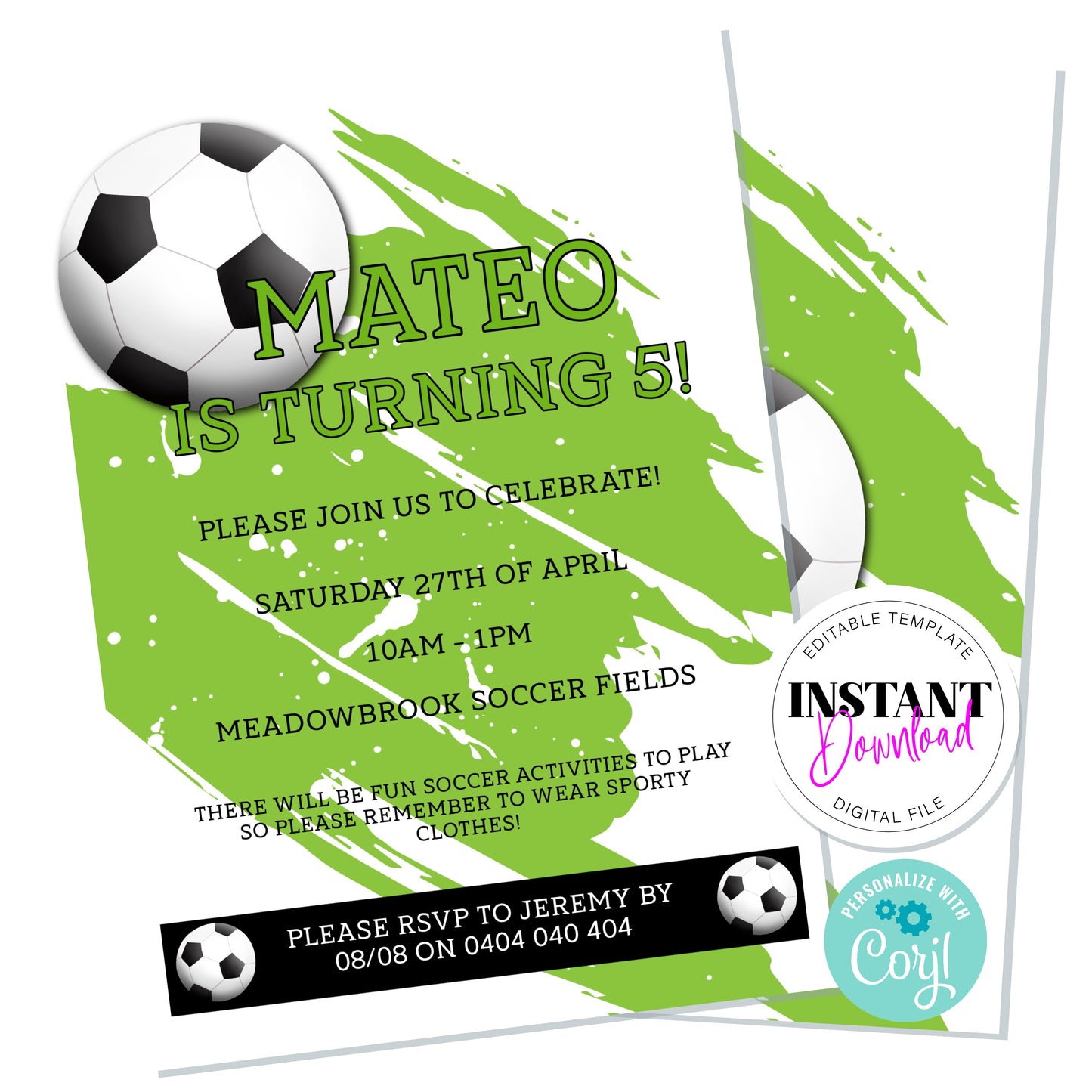 Digital Soccer Invitation, Editable Digital File, 5x7 inches
