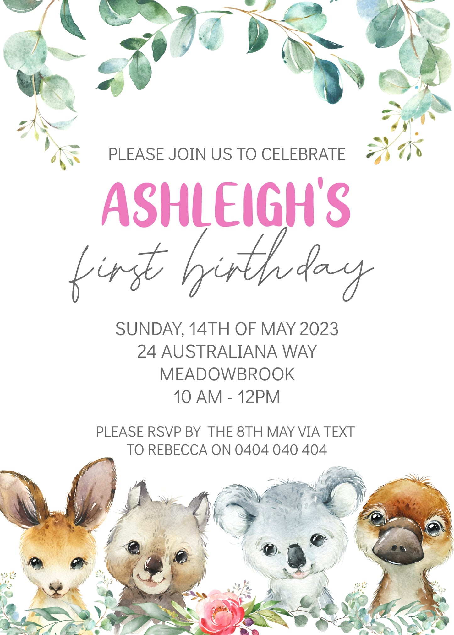 Digital Aussie Animals Invitation, Editable Digital File, 5x7 inches