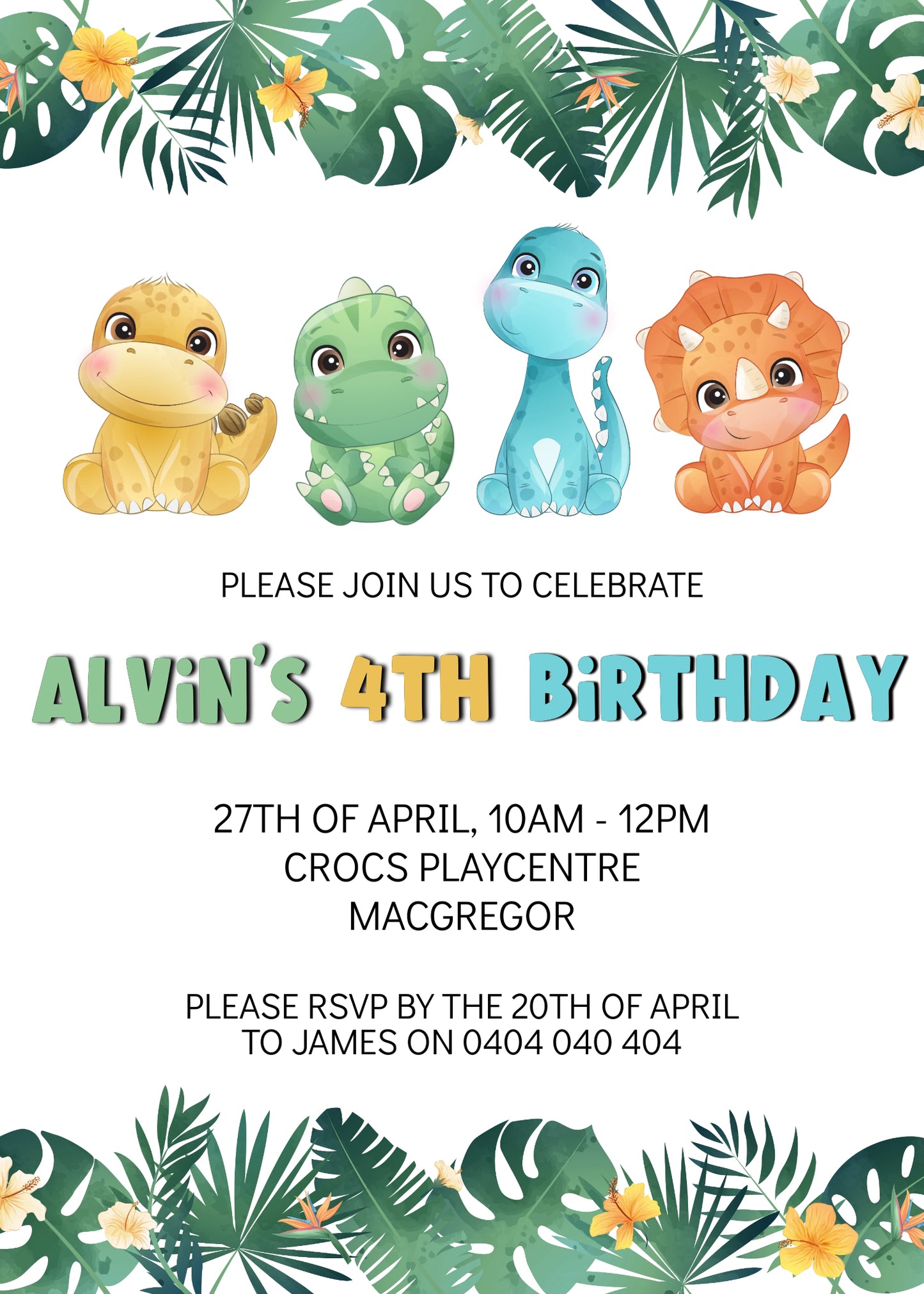 Digital Baby Dinosaur Leaves Invitation, Editable Digital File, 5x7 inches