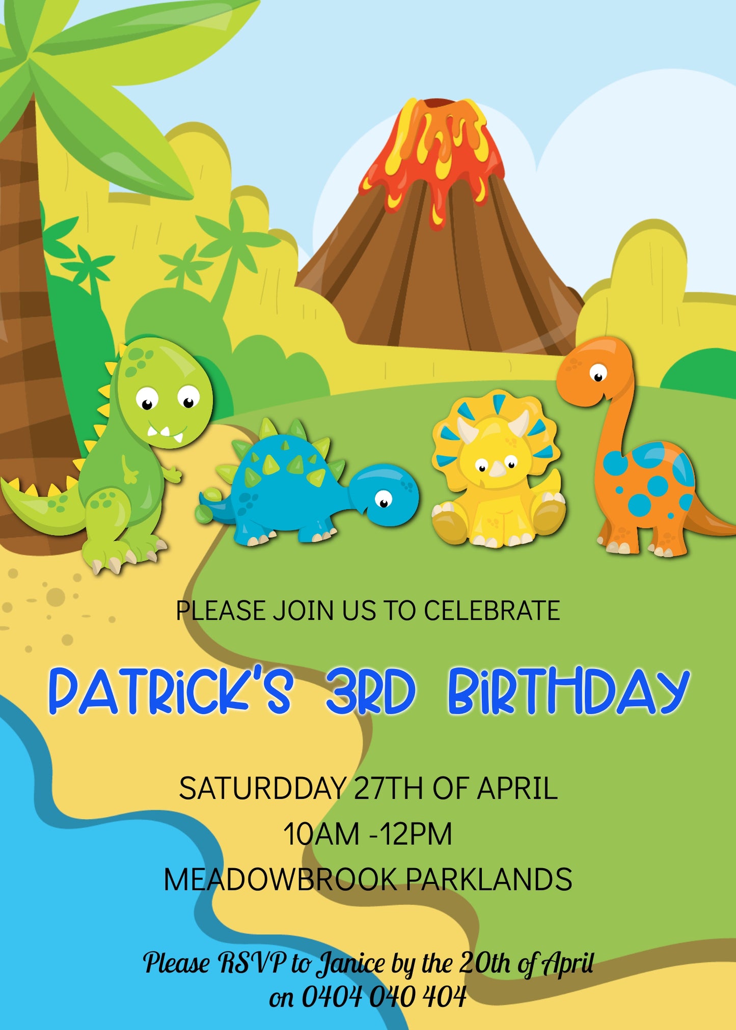 Digital Baby Dinosaur Volcano Invitation, Editable Digital File, 5x7 inches