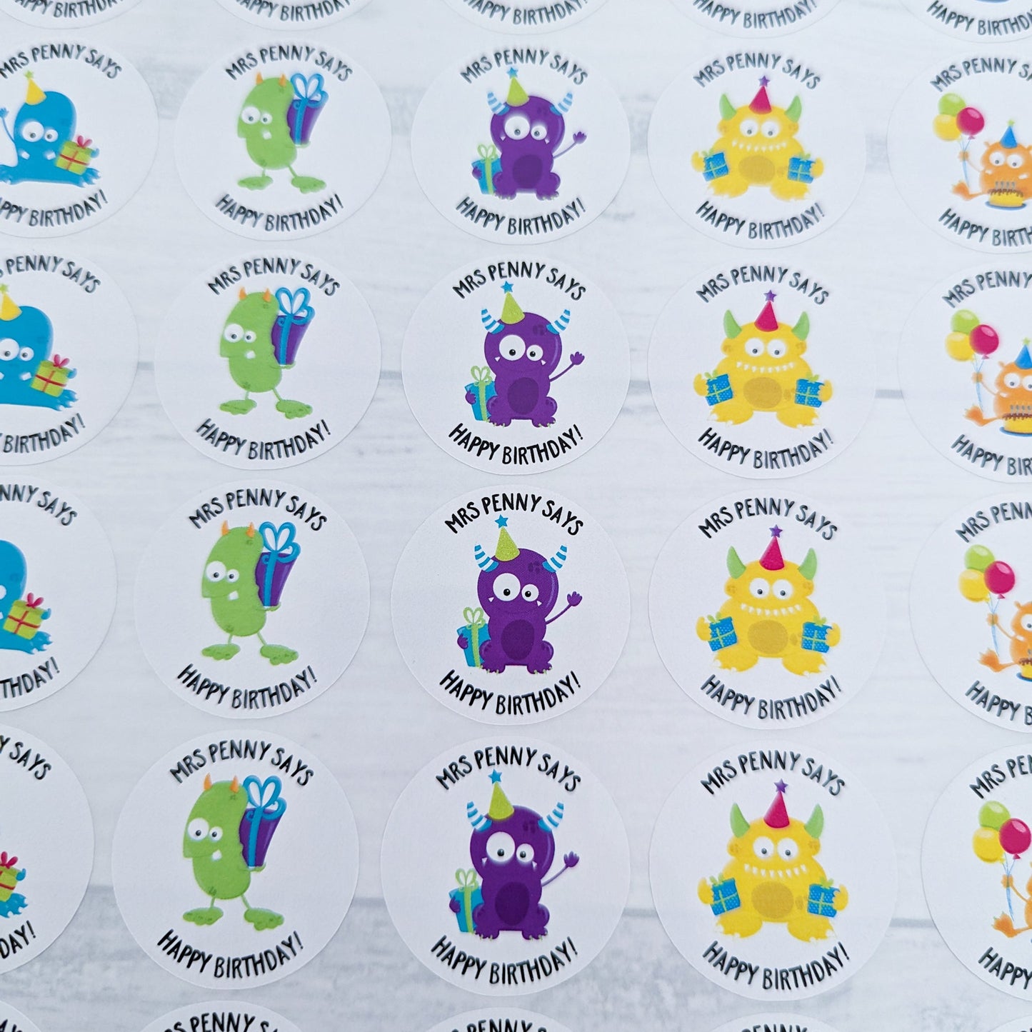 E&L Designs Personalised Monster Happy Birthday Teacher Stickers - Set of 35 Stickers