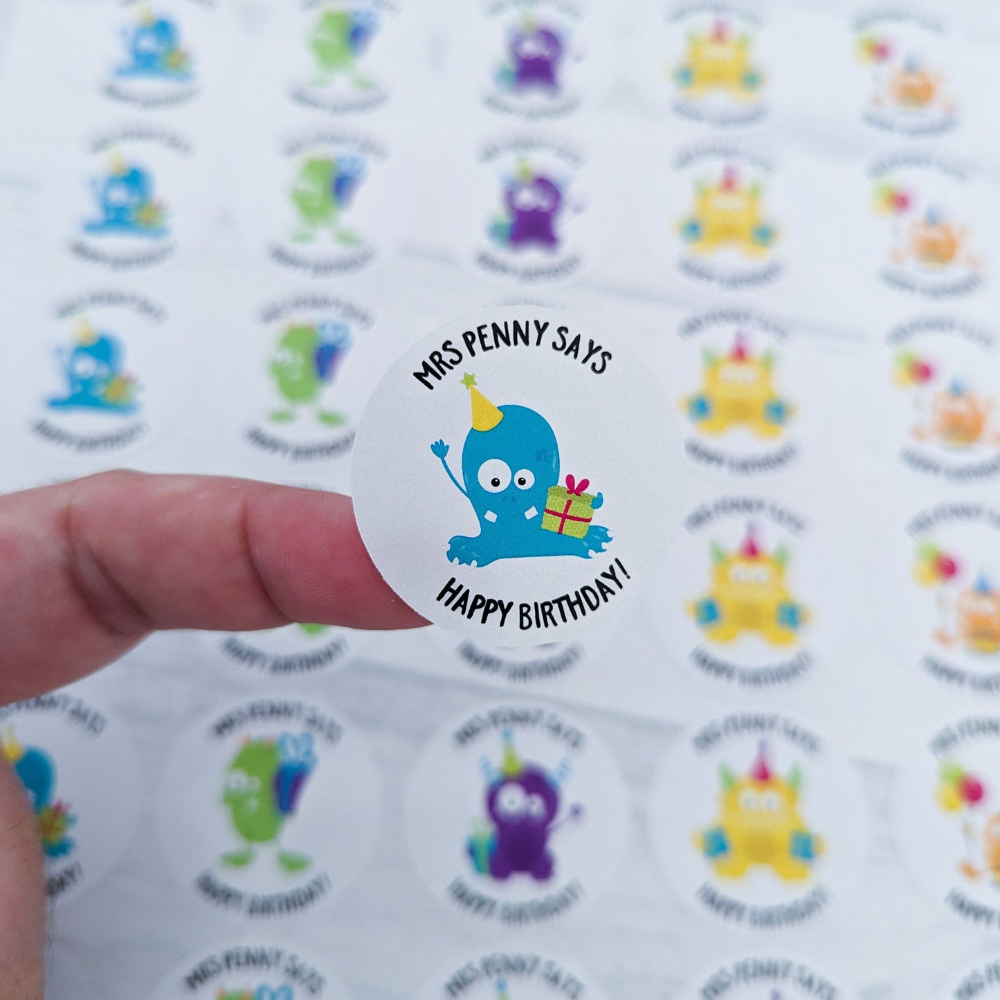 E&L Designs Personalised Monster Happy Birthday Teacher Stickers - Set of 35 Stickers
