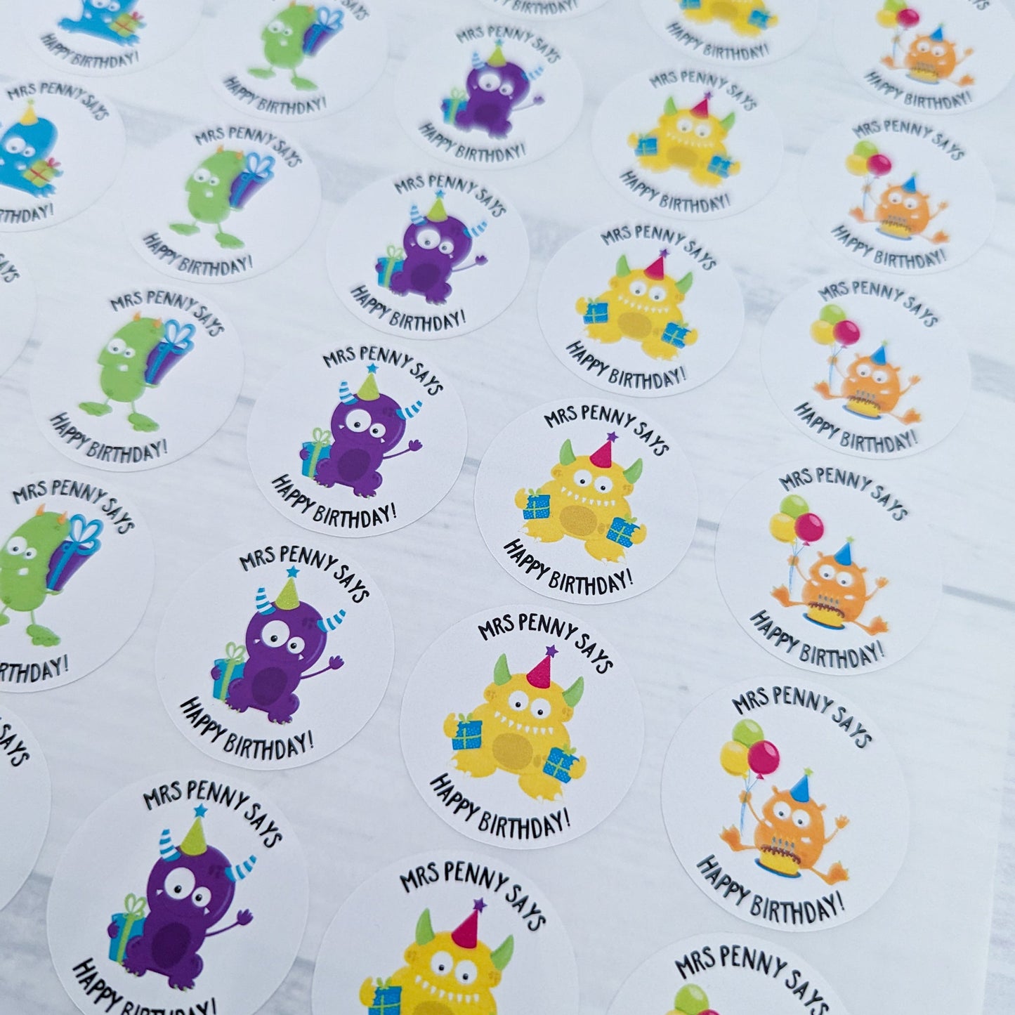 E&L Designs Personalised Monster Happy Birthday Teacher Stickers - Set of 35 Stickers