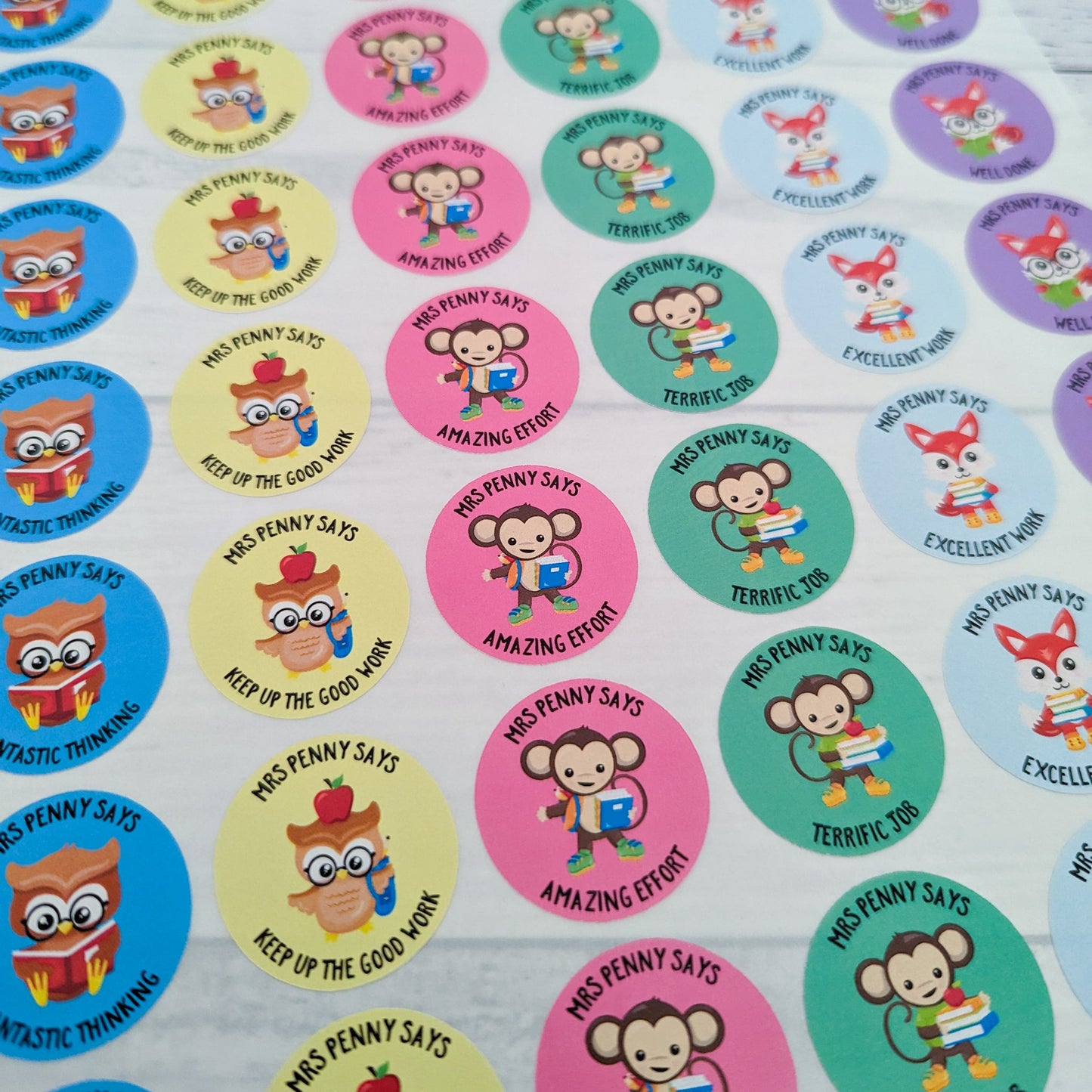 E&L Designs Personalised Teacher Stickers, Owl, Fox, Monkey - Set of 48 Stickers