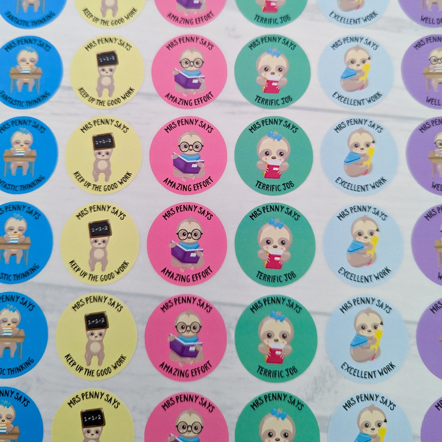 E&L Designs Personalised Teacher Stickers, Sloths - Set of 48 Stickers