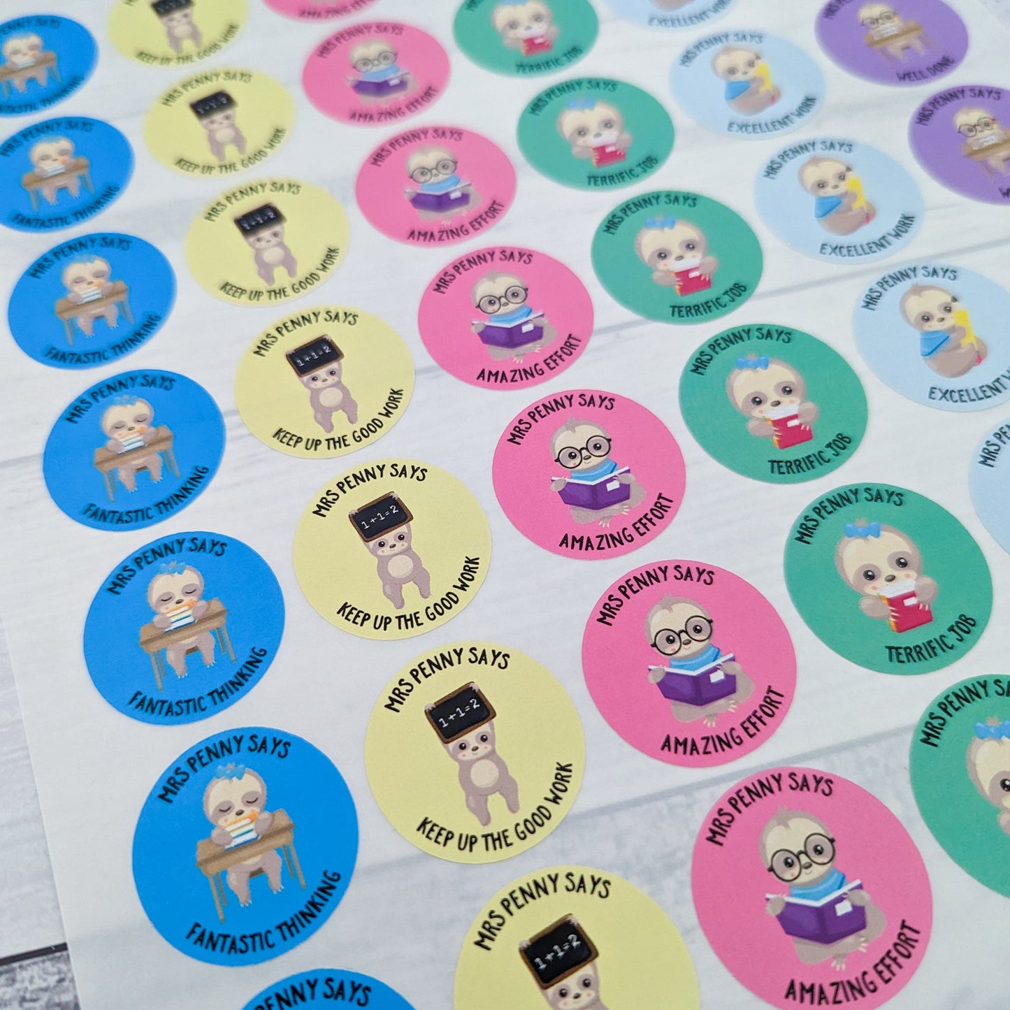 E&L Designs Personalised Teacher Stickers, Sloths - Set of 48 Stickers