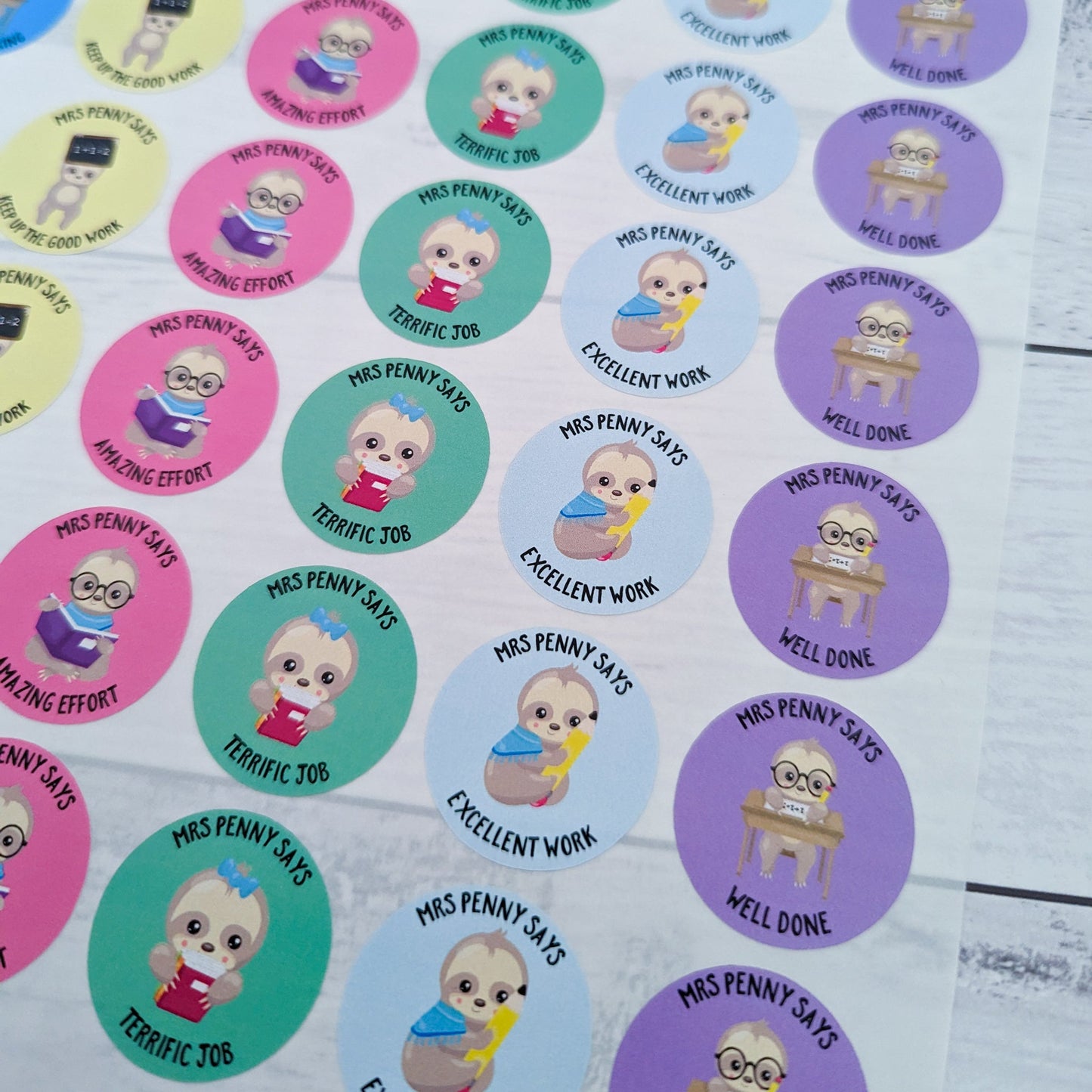 E&L Designs Personalised Teacher Stickers, Sloths - Set of 48 Stickers