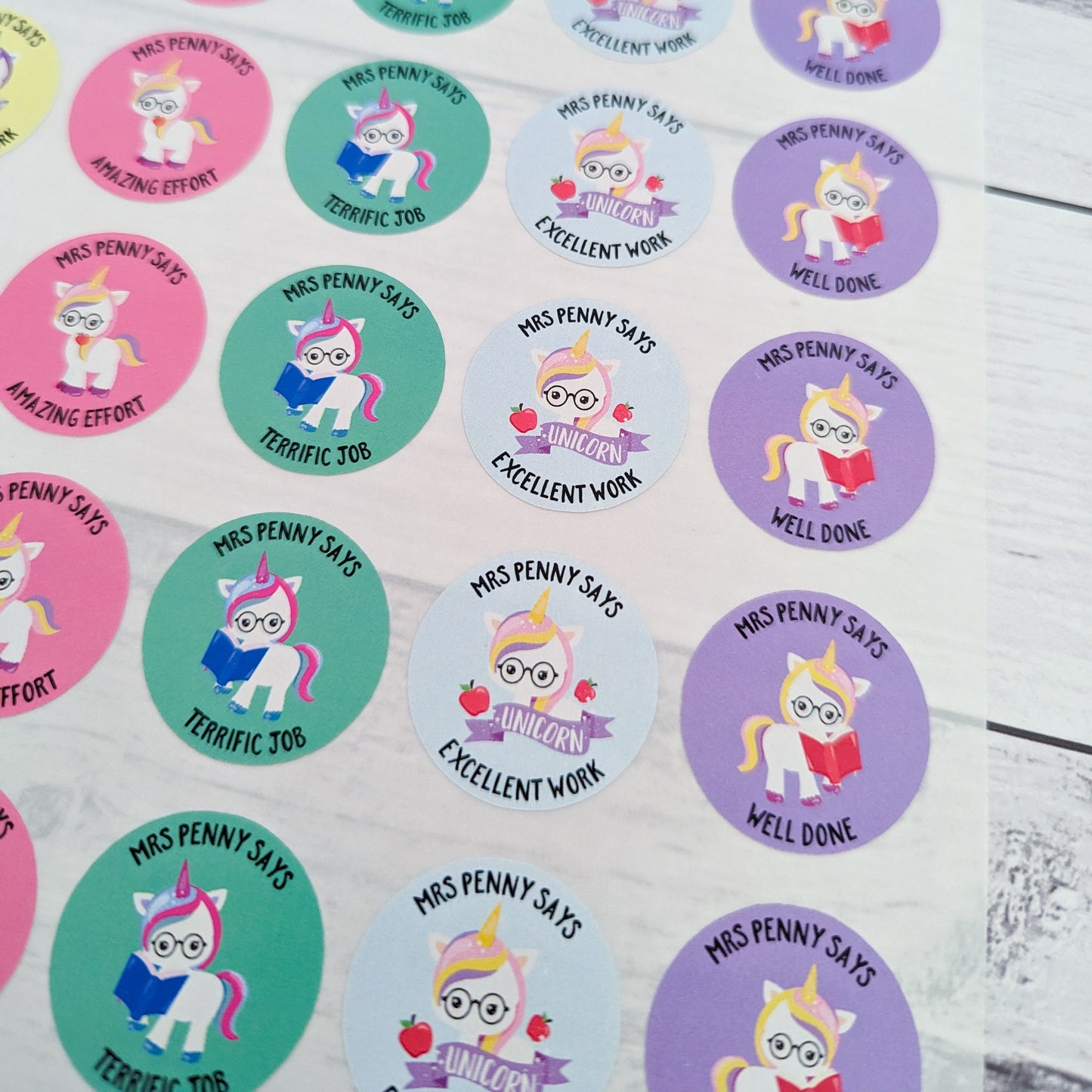 E&L Designs Personalised Teacher Stickers, Unicorns - Set of 48 Stickers