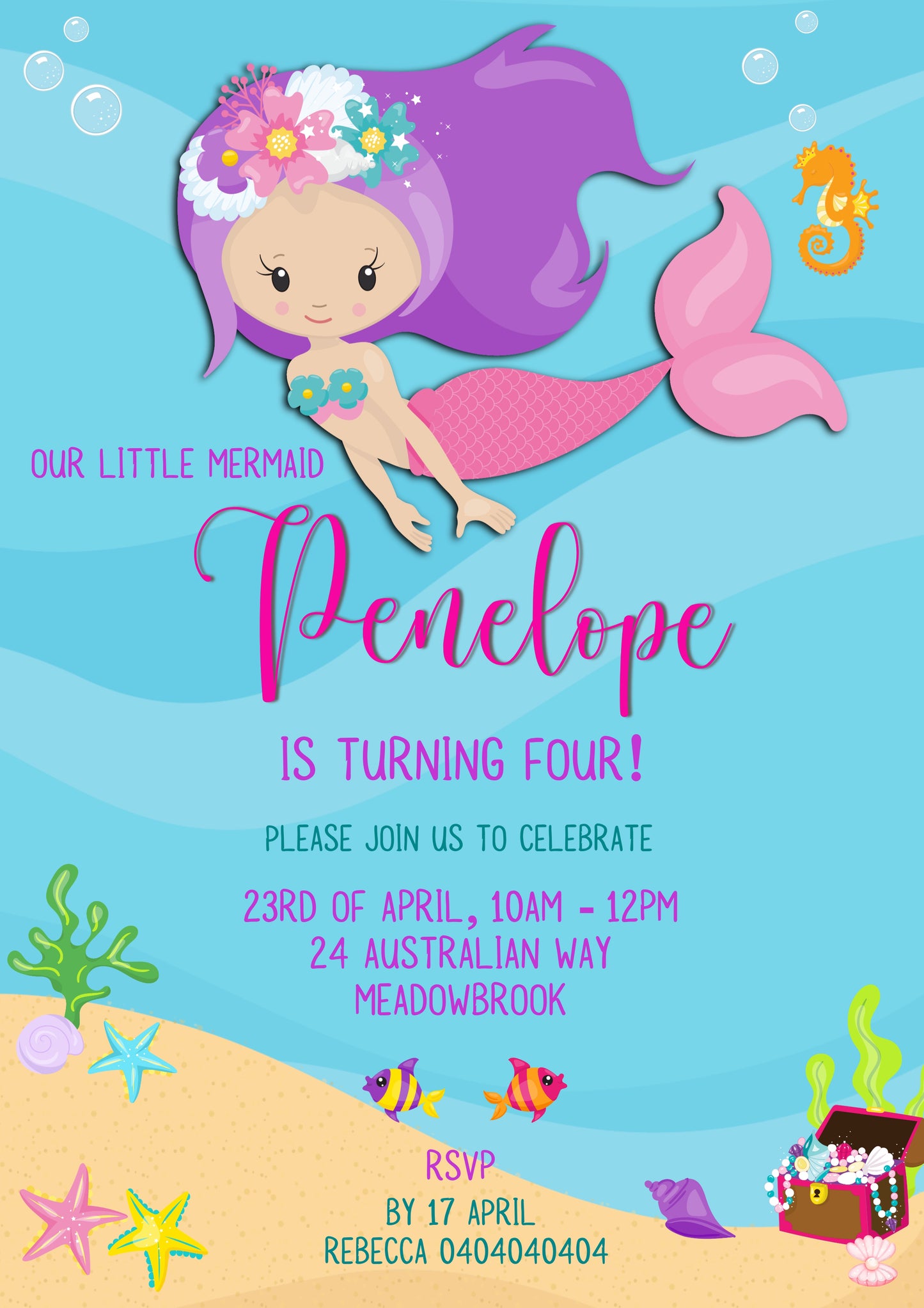 Digital Mermaid Invitation, Editable Digital File, A4 Size