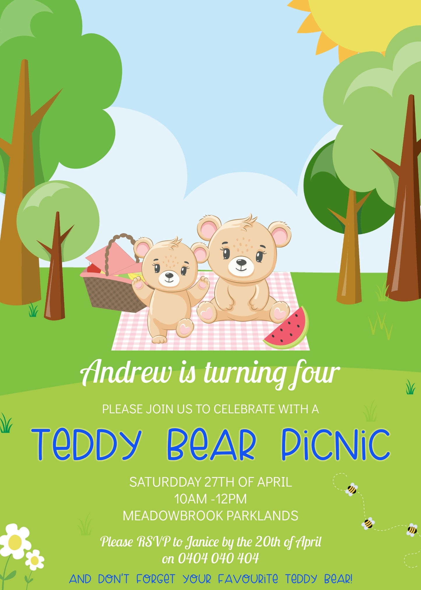 Digital Teddy Bear Picnic Invitation, Editable Digital File, 5x7 inches
