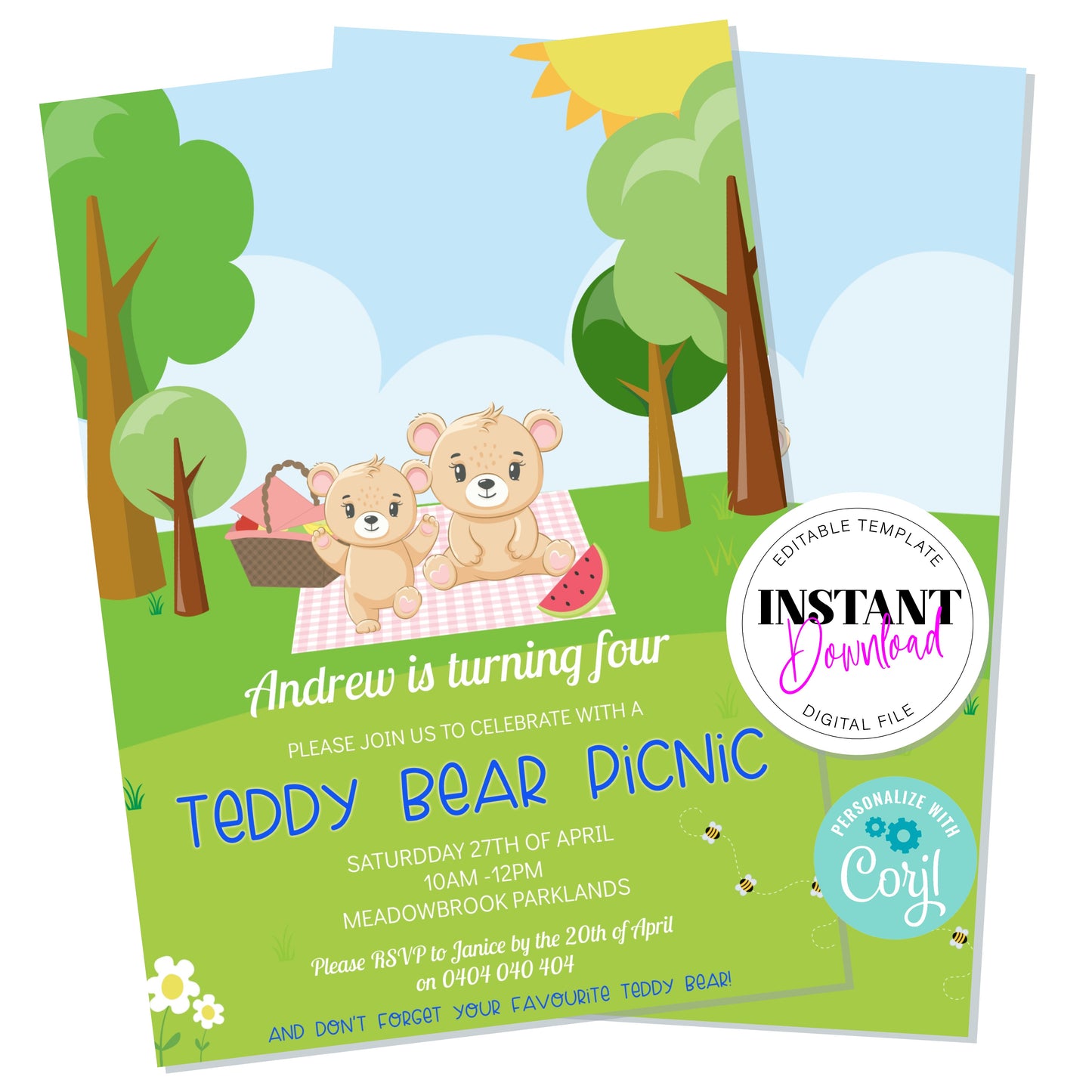 Digital Teddy Bear Picnic Invitation, Editable Digital File, 5x7 inches