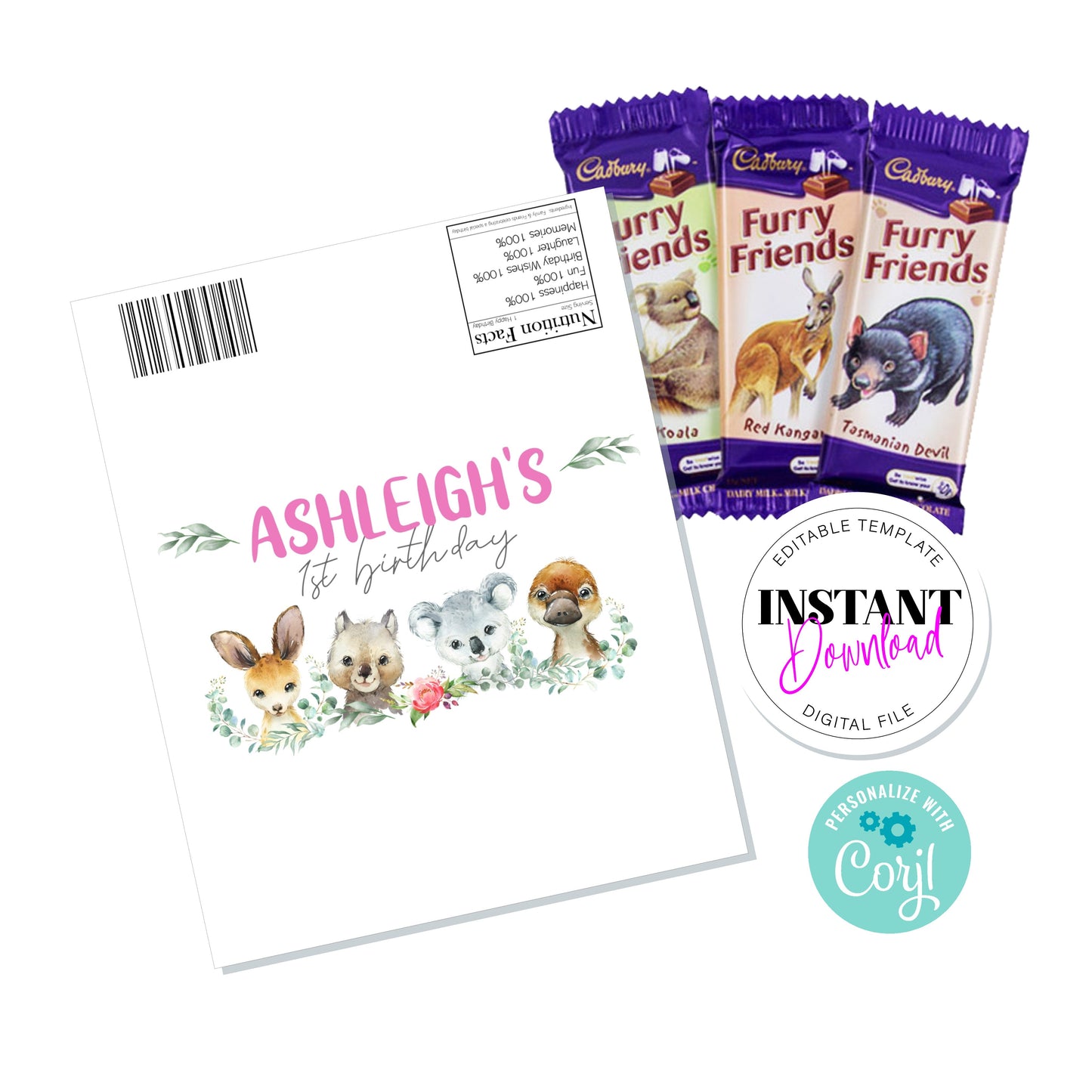 E&L Designs Aussie Animals Chocolate Wrapper, Editable Digital File, Furry Friends