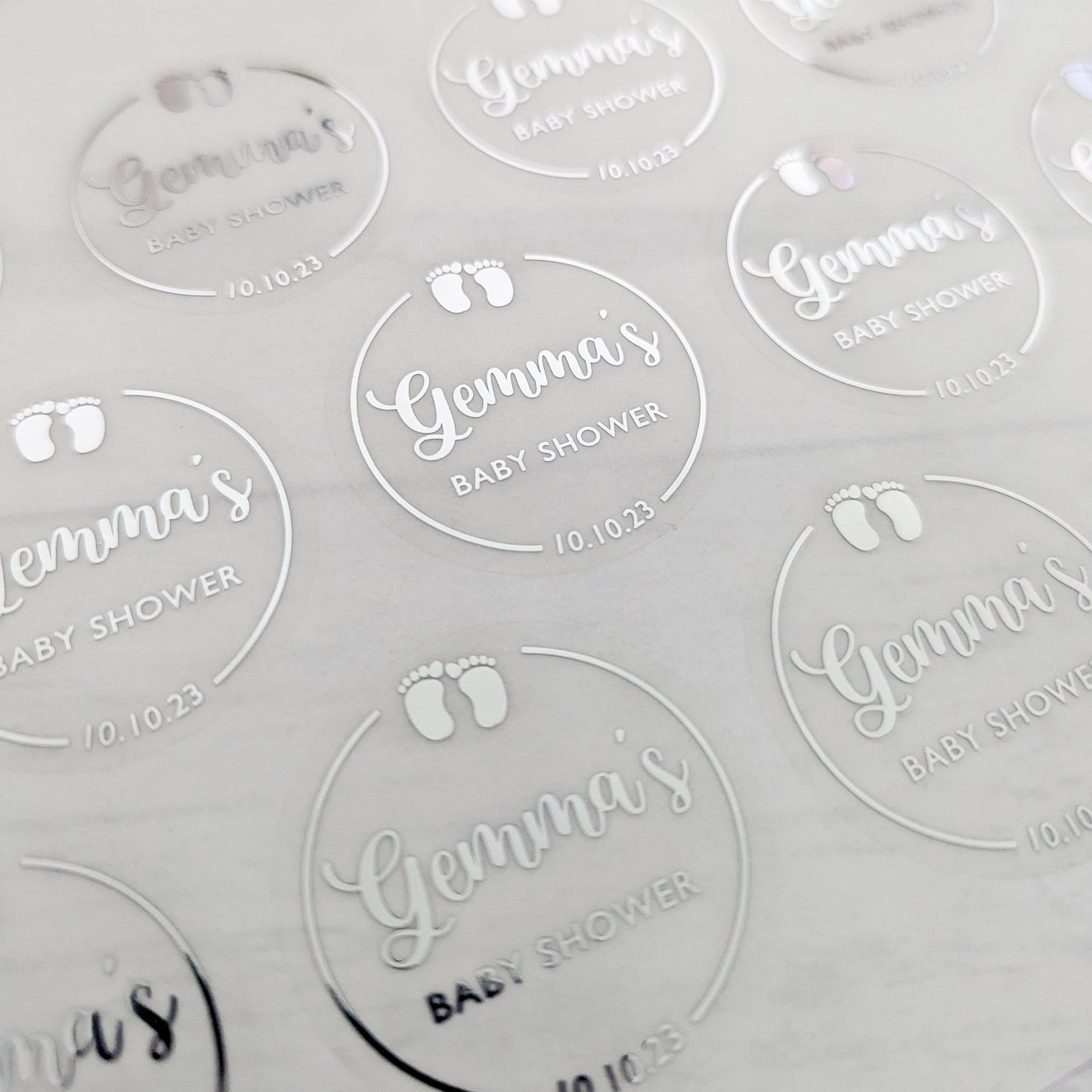 E&L Designs Baby Shower Clear Foil Stickers, Baby Feet