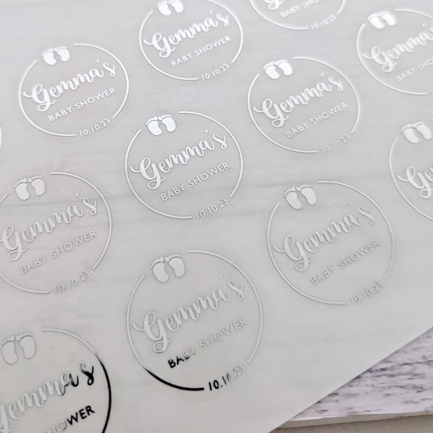 E&L Designs Baby Shower Clear Foil Stickers, Baby Feet