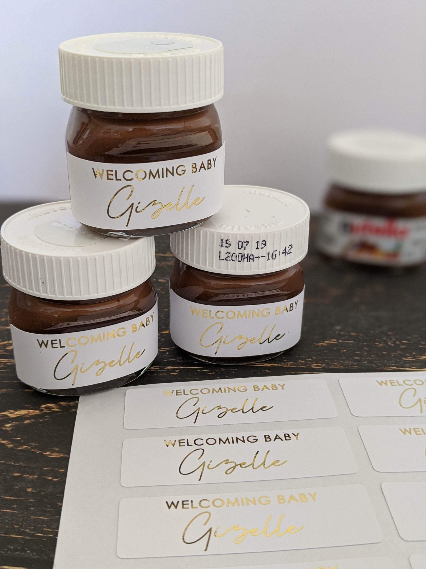 E&L Designs Baby Welcoming Nutella - 30 white stickers with foil