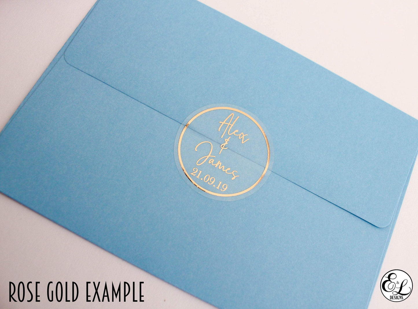 E&L Designs Clear Wedding Invitation Envelope Seals - Bride Groom Names and Date