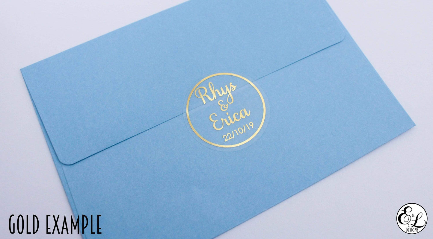 E&L Designs Clear Wedding Invitation Envelope Seals - Bride Groom Names and Date