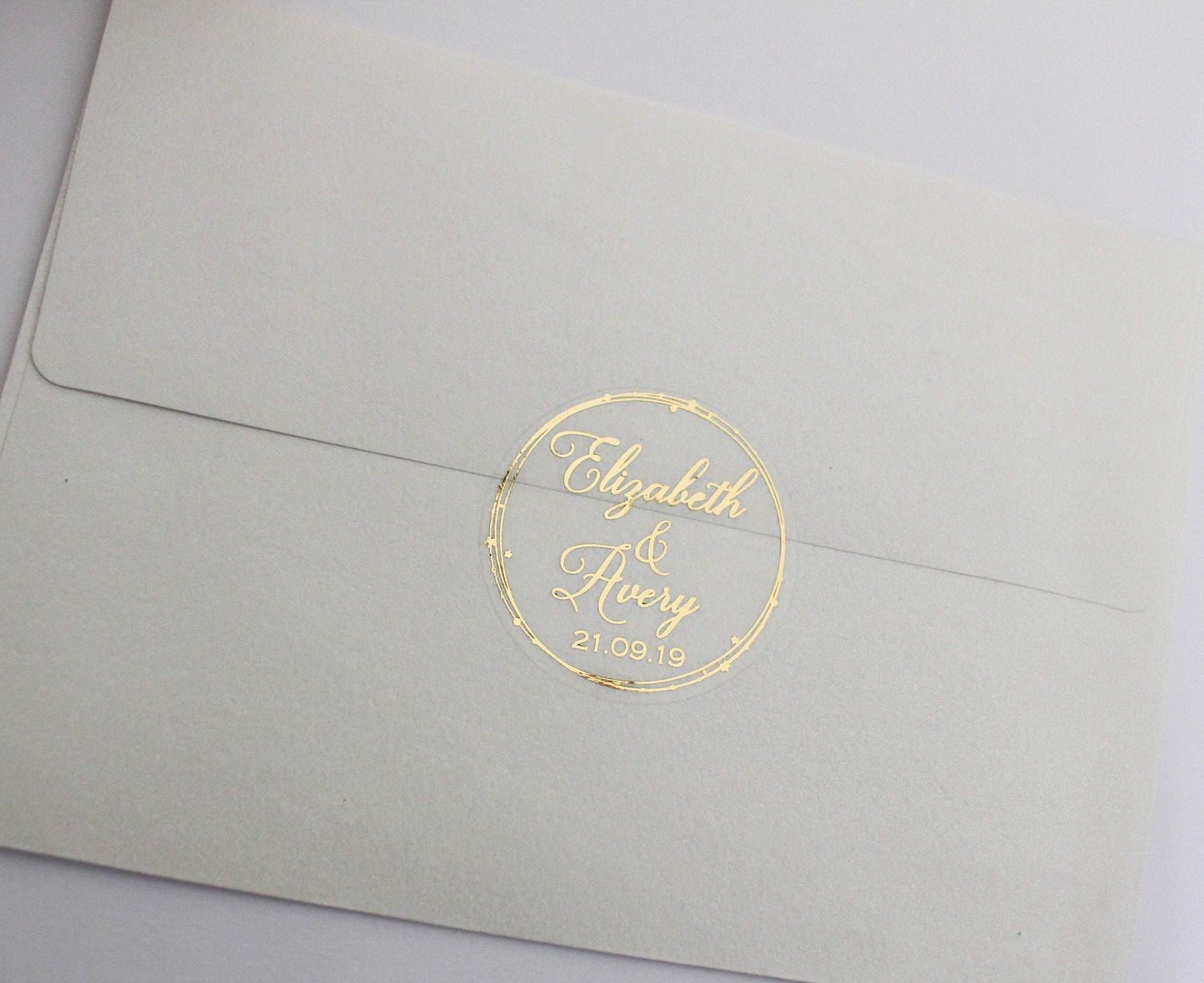 E&L Designs Clear Wedding Invitation Envelope Seals - Bride Groom Names and Date