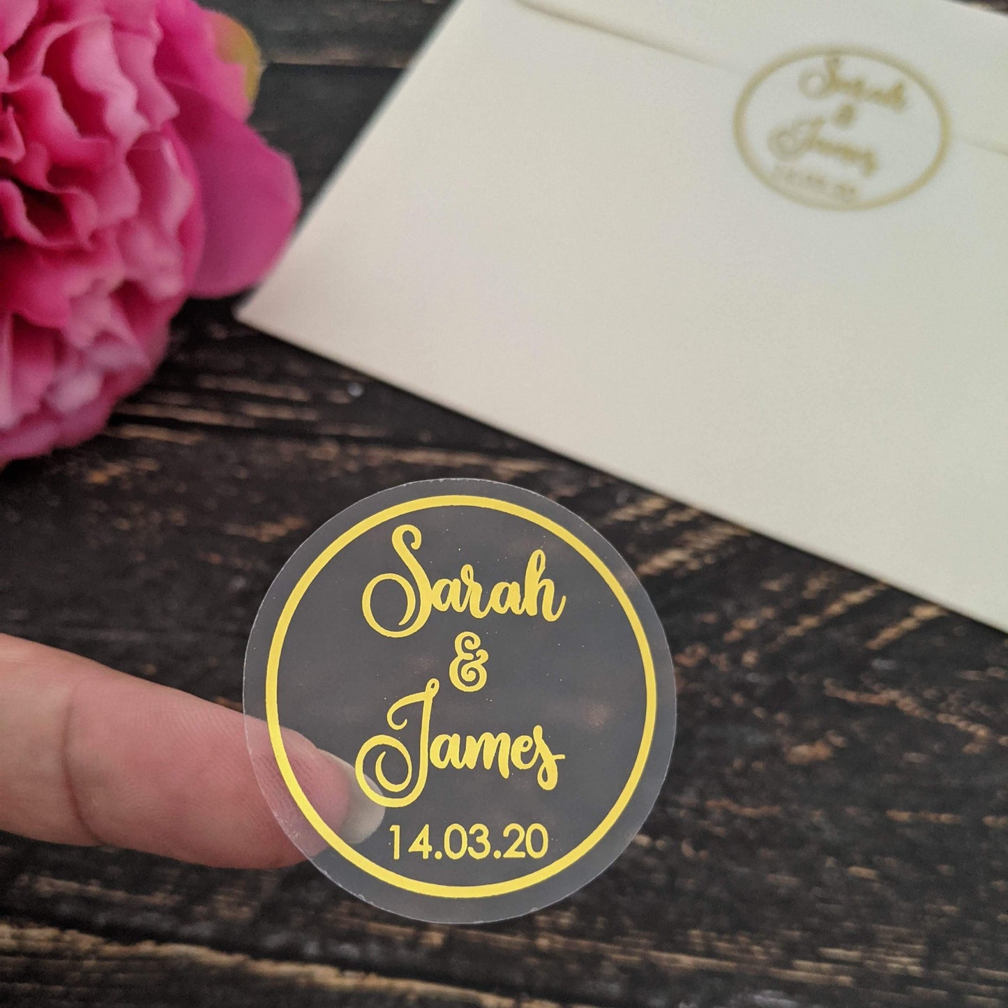 E&L Designs Clear Wedding Invitation Envelope Seals - Bride Groom Names and Date