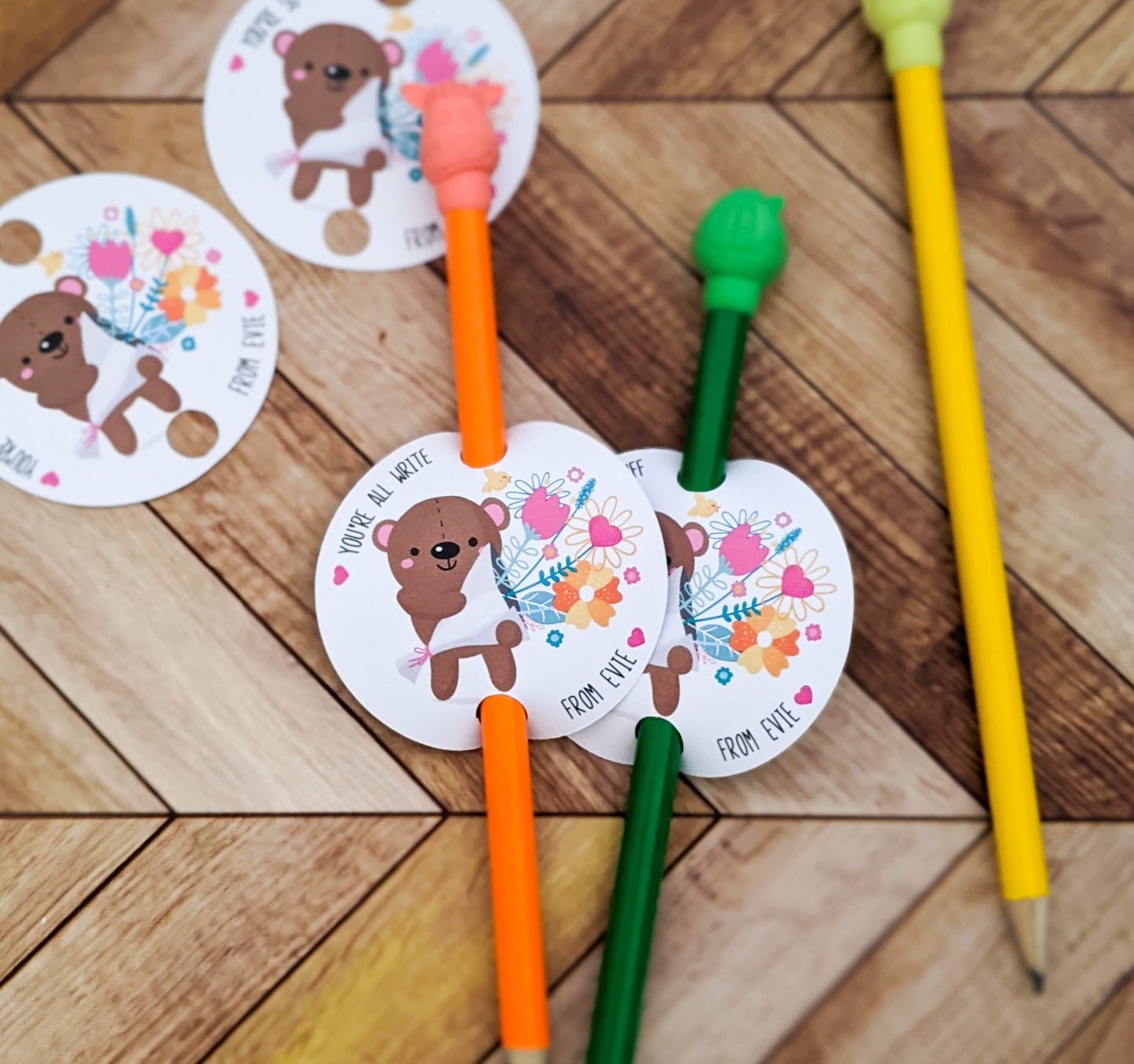 E&L Designs | Custom Foil Stickers Personalised Bear Valentine's Day Pencil Holder, Set of 12
