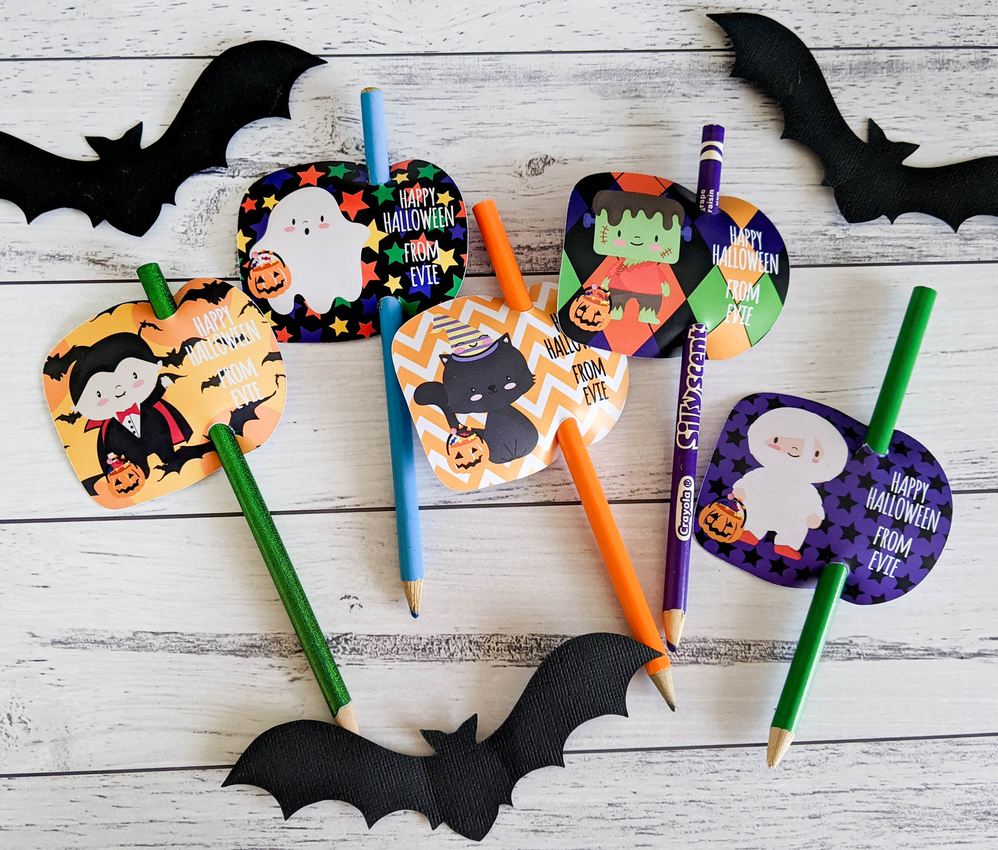 E&L Designs | Custom Foil Stickers Personalised Halloween Pencil Holder, Set of 12
