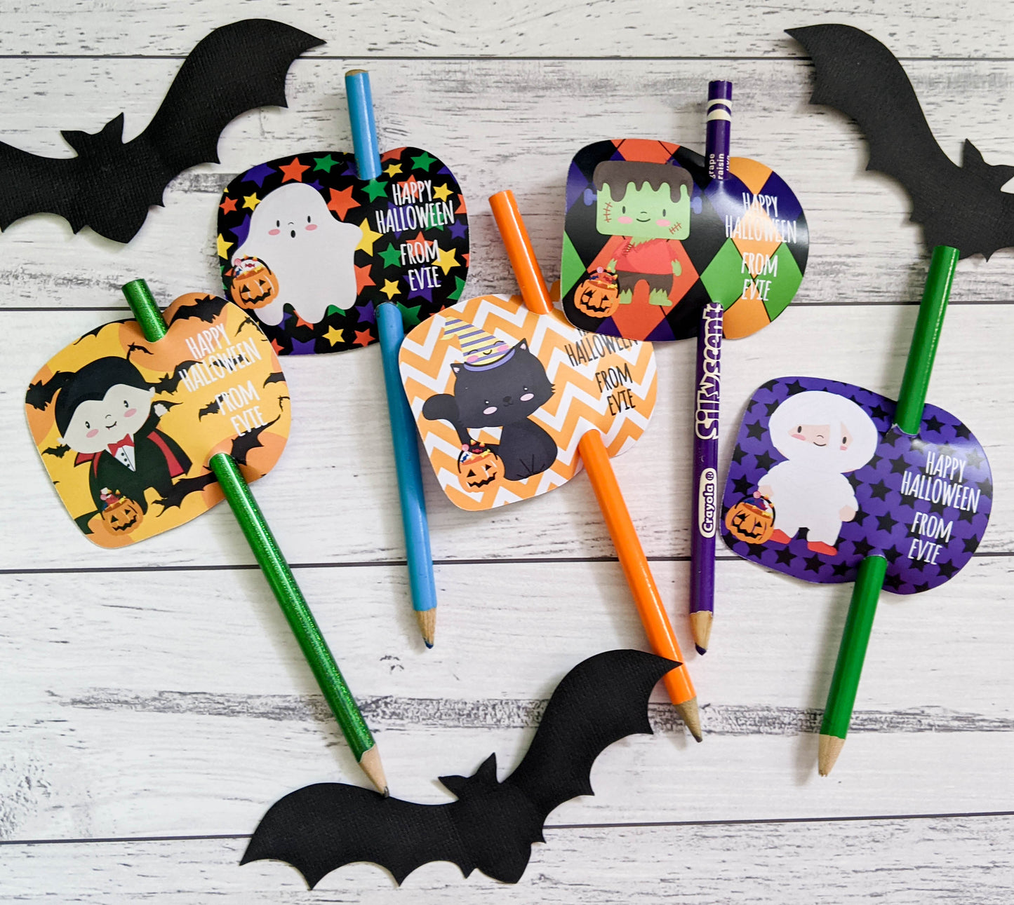 E&L Designs | Custom Foil Stickers Personalised Halloween Pencil Holder, Set of 12