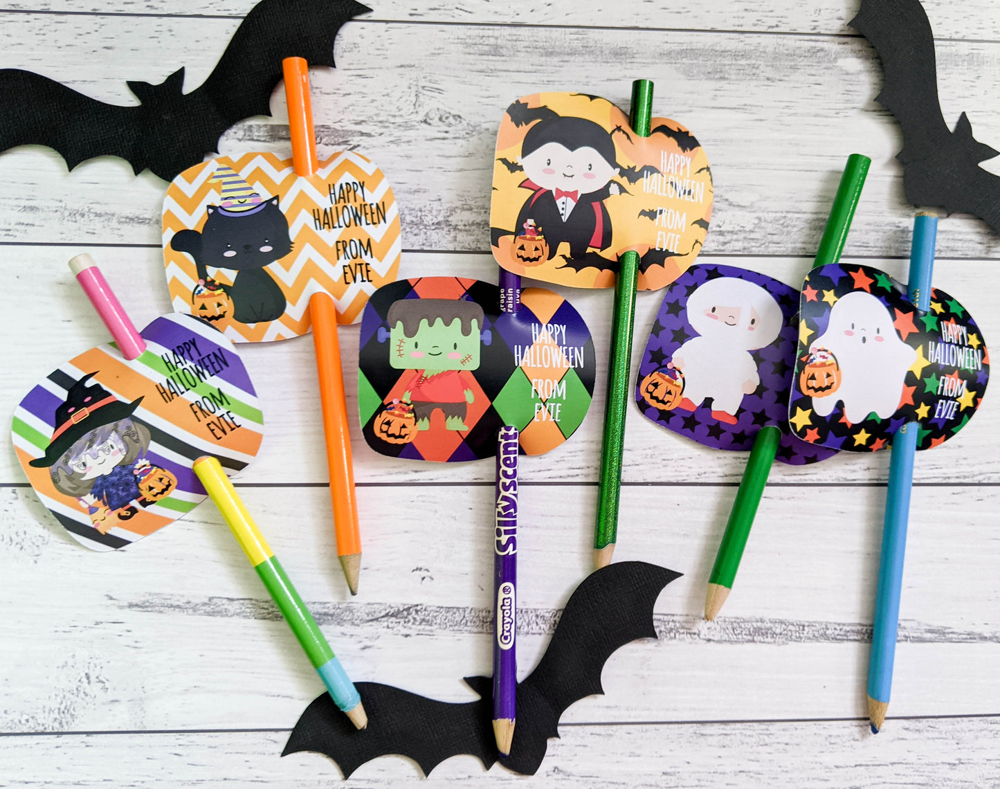 E&L Designs | Custom Foil Stickers Personalised Halloween Pencil Holder, Set of 12