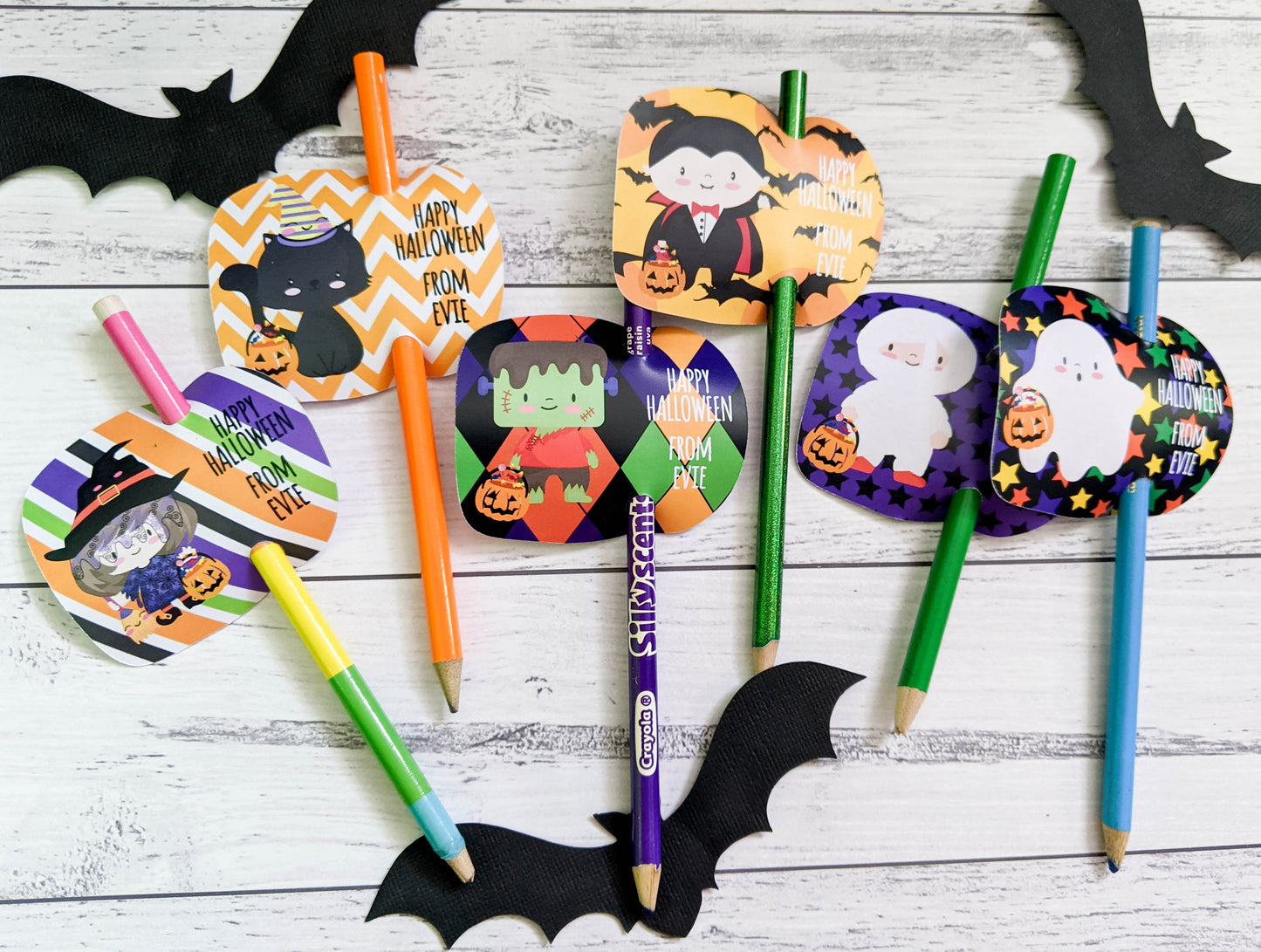 E&L Designs | Custom Foil Stickers Personalised Halloween Pencil Holder, Set of 12