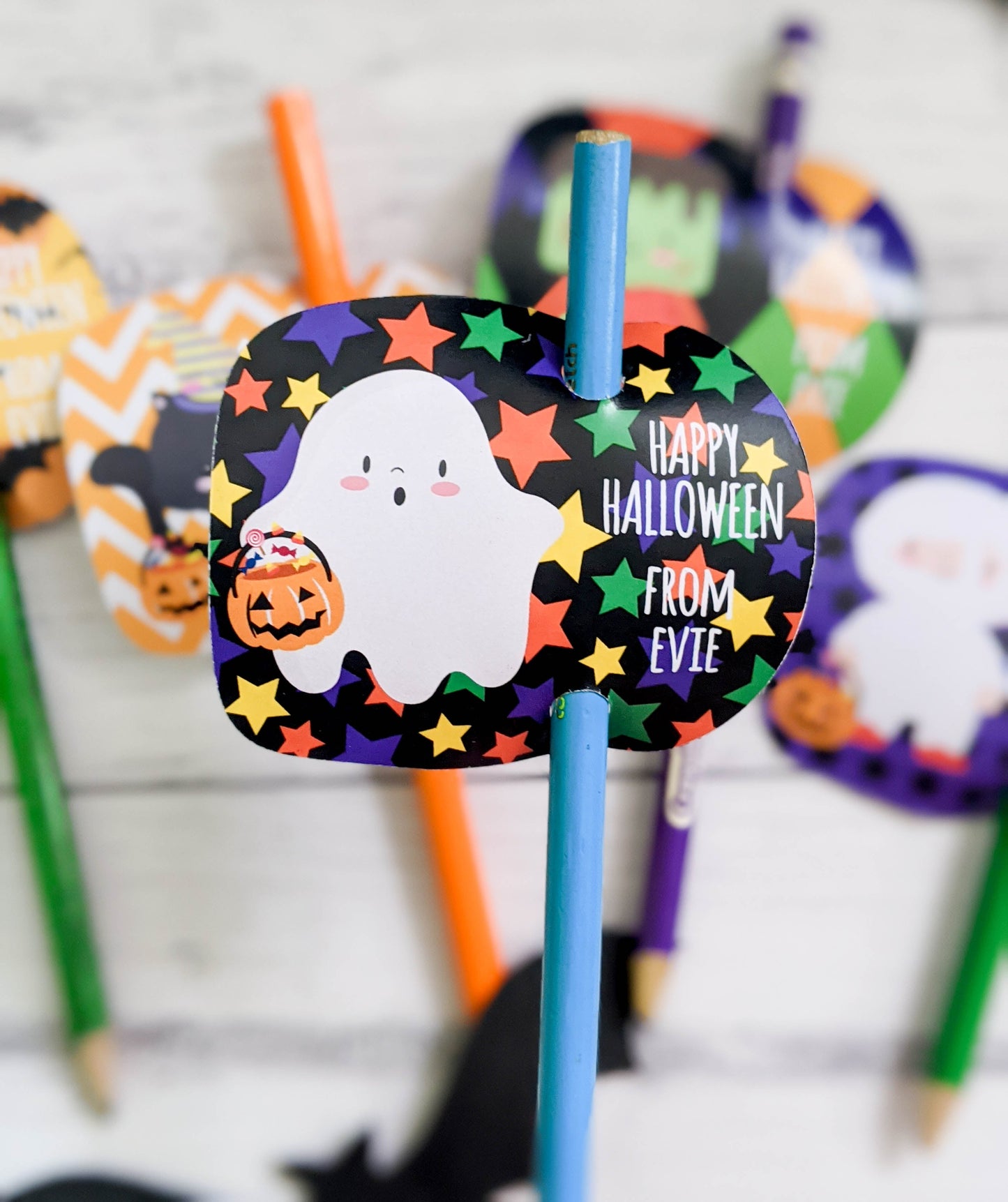 E&L Designs | Custom Foil Stickers Personalised Halloween Pencil Holder, Set of 12