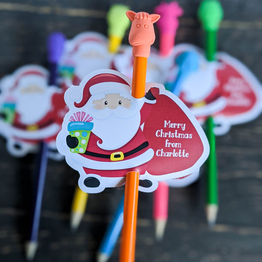 E&L Designs | Custom Foil Stickers Personalised Santa Pencil Holder, Set of 12