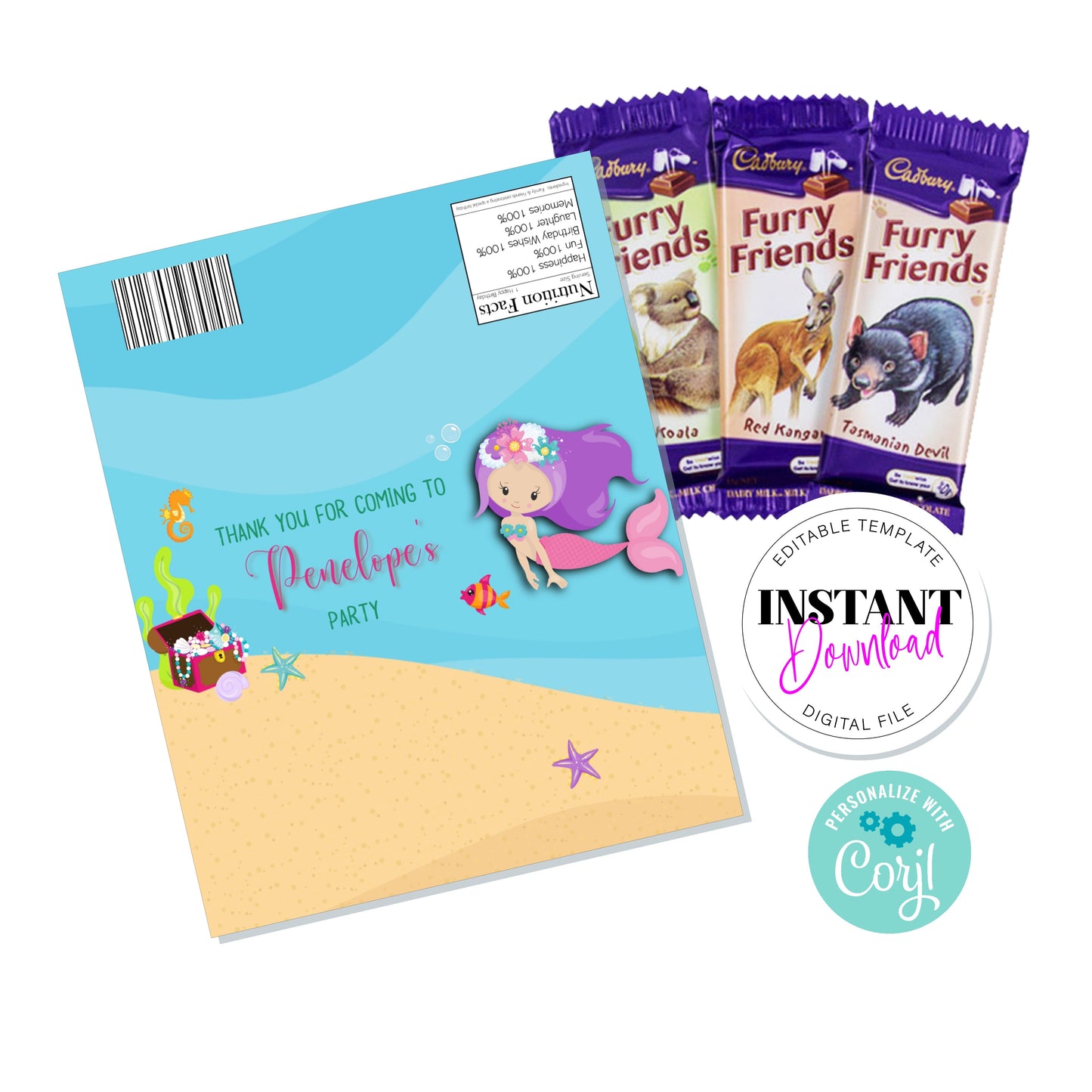 E&L Designs Mermaid Chocolate Wrapper, Editable Digital File, Furry Friends