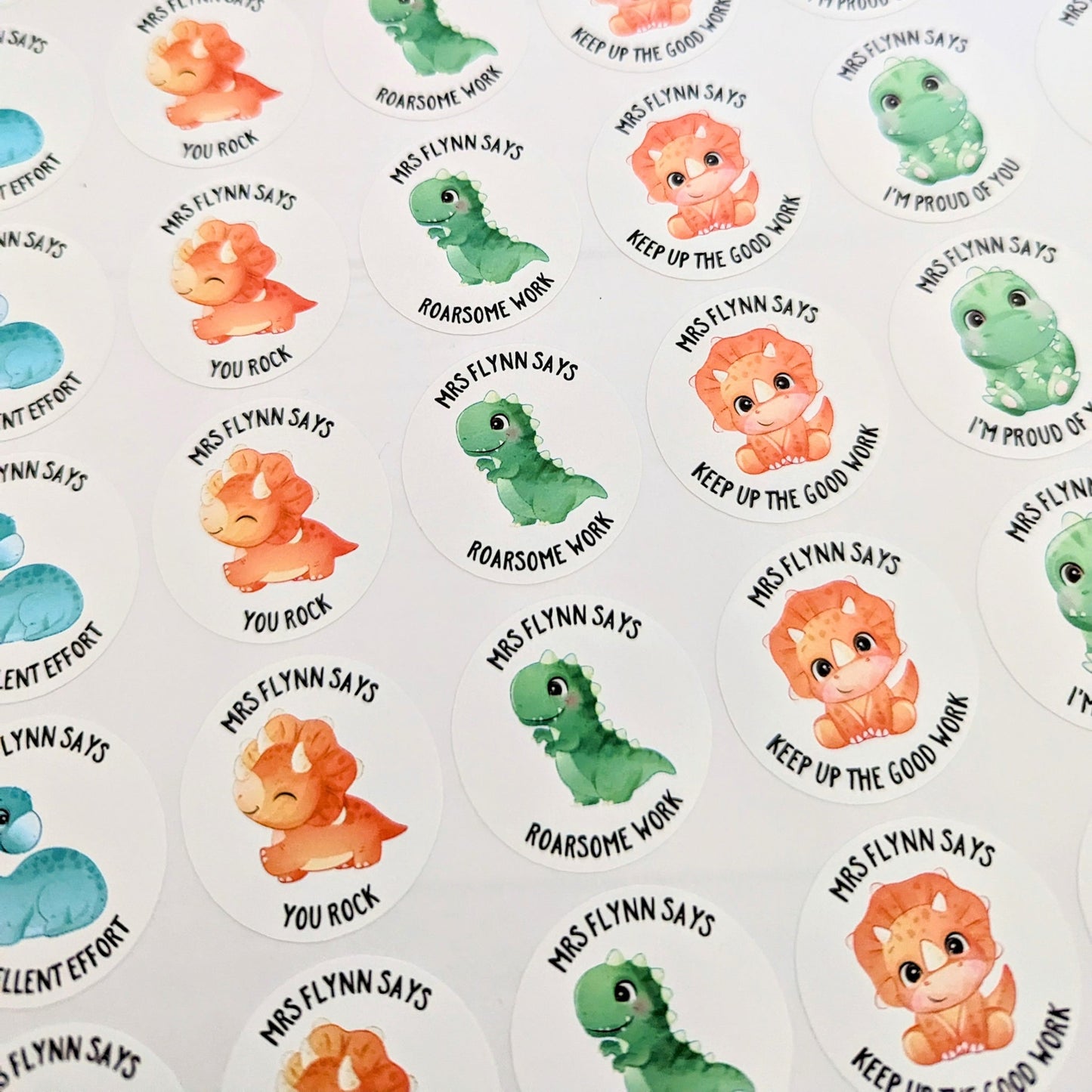 E&L Designs Personalised Dinosaur Teacher Stickers - Set of 48 Stickers