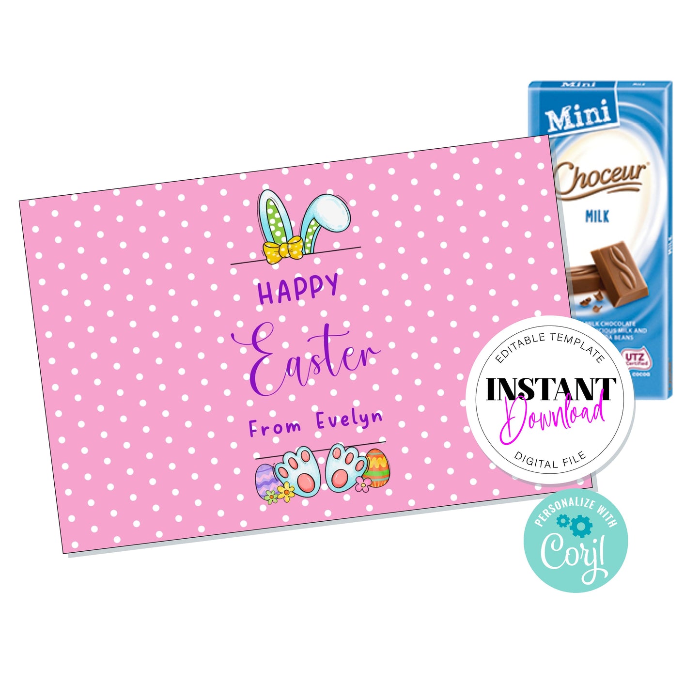 E&L Designs Personalised Easter Chocolate Wrapper, Editable Digital File, Aldi Bar