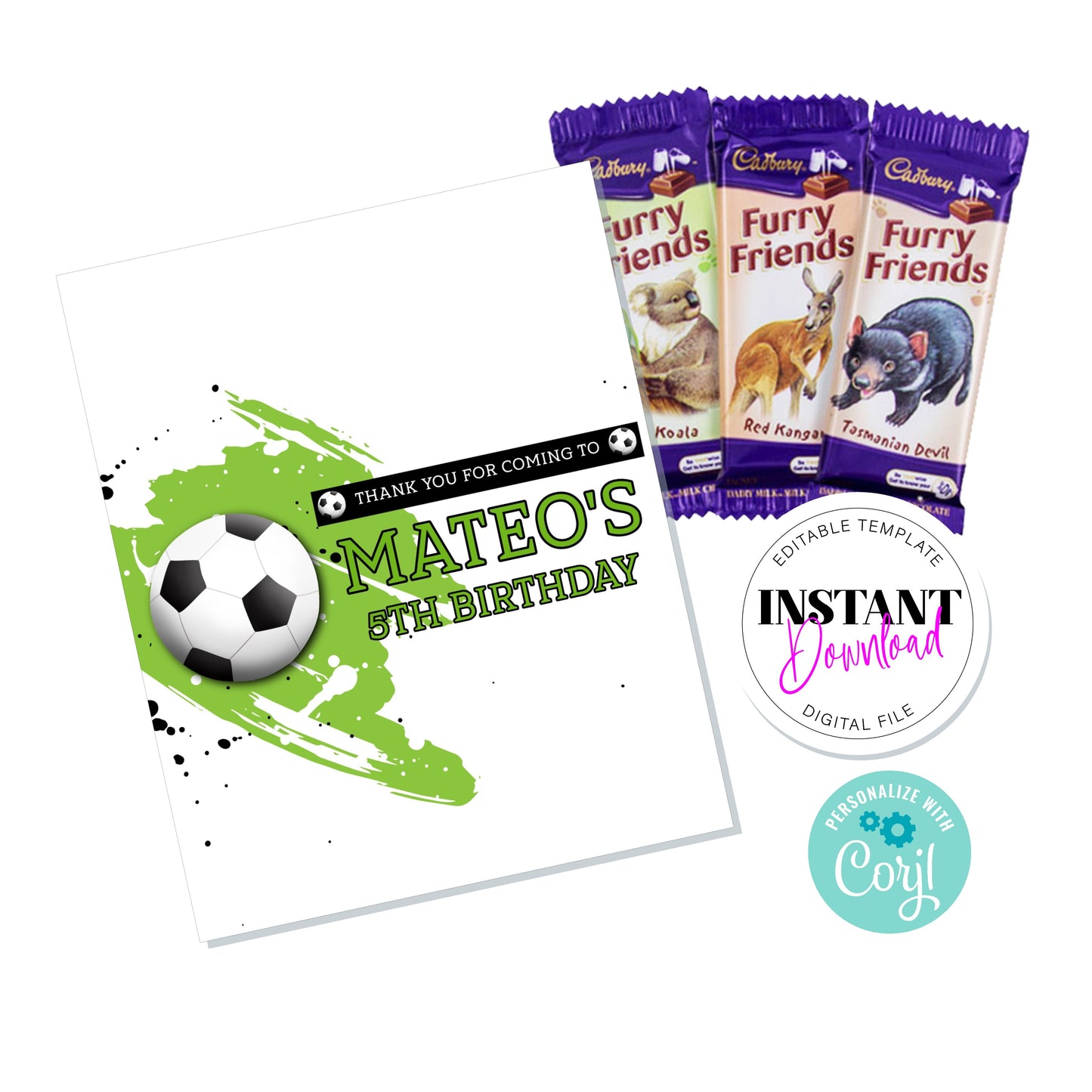 E&L Designs Soccer Chocolate Wrapper, Editable Digital File, Furry Friends