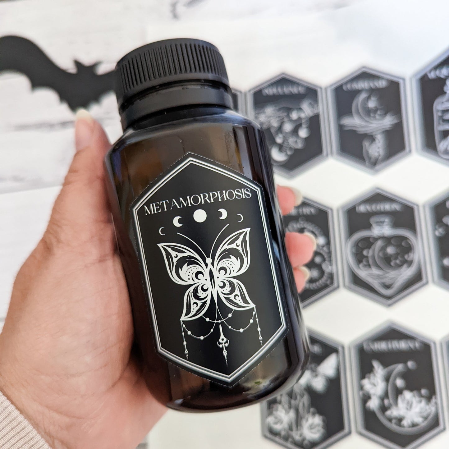 E&L Designs Wiccan Mystic Jar Labels x 12 - Black and White, Halloween DIY