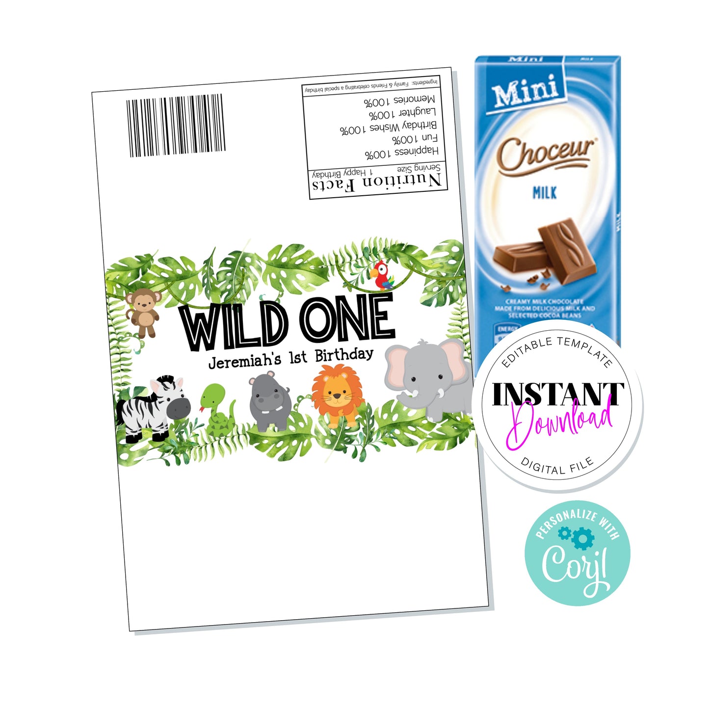 E&L Designs Wild One Jungle Chocolate Wrapper, Editable Digital File, Aldi Bar