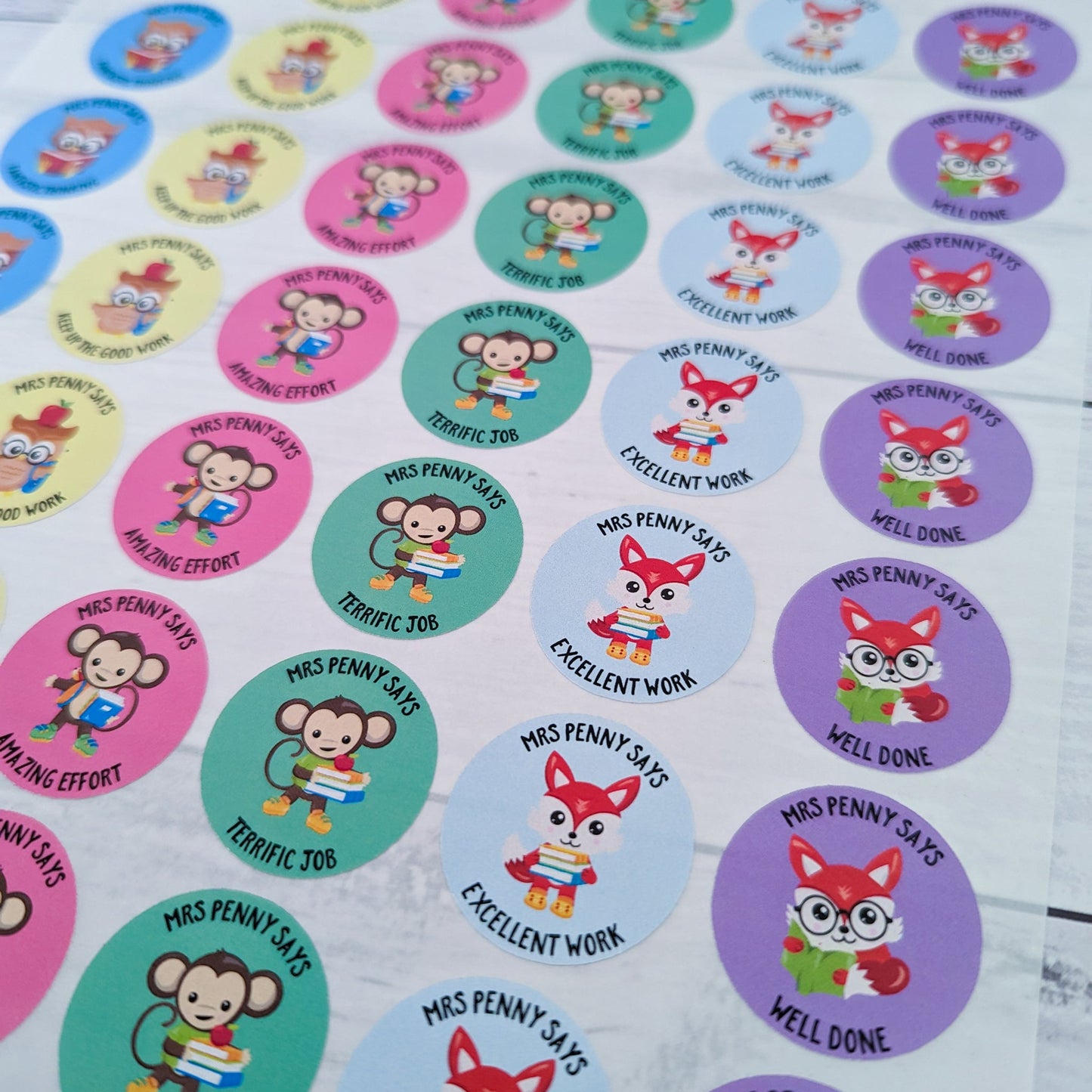 E&L Designs Personalised Teacher Stickers, Owl, Fox, Monkey - Set of 48 Stickers
