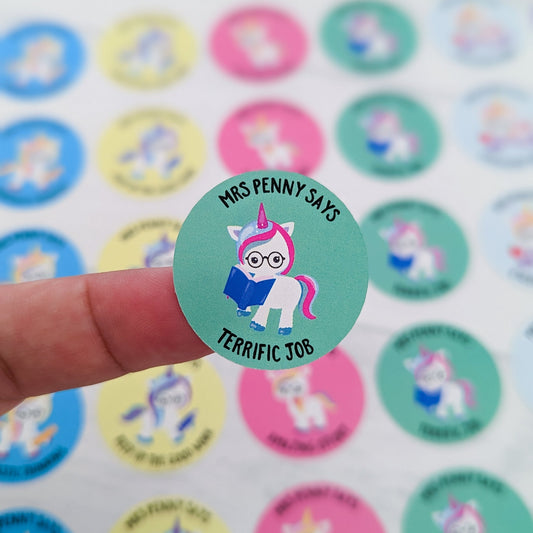 E&L Designs Personalised Teacher Stickers, Unicorns - Set of 48 Stickers