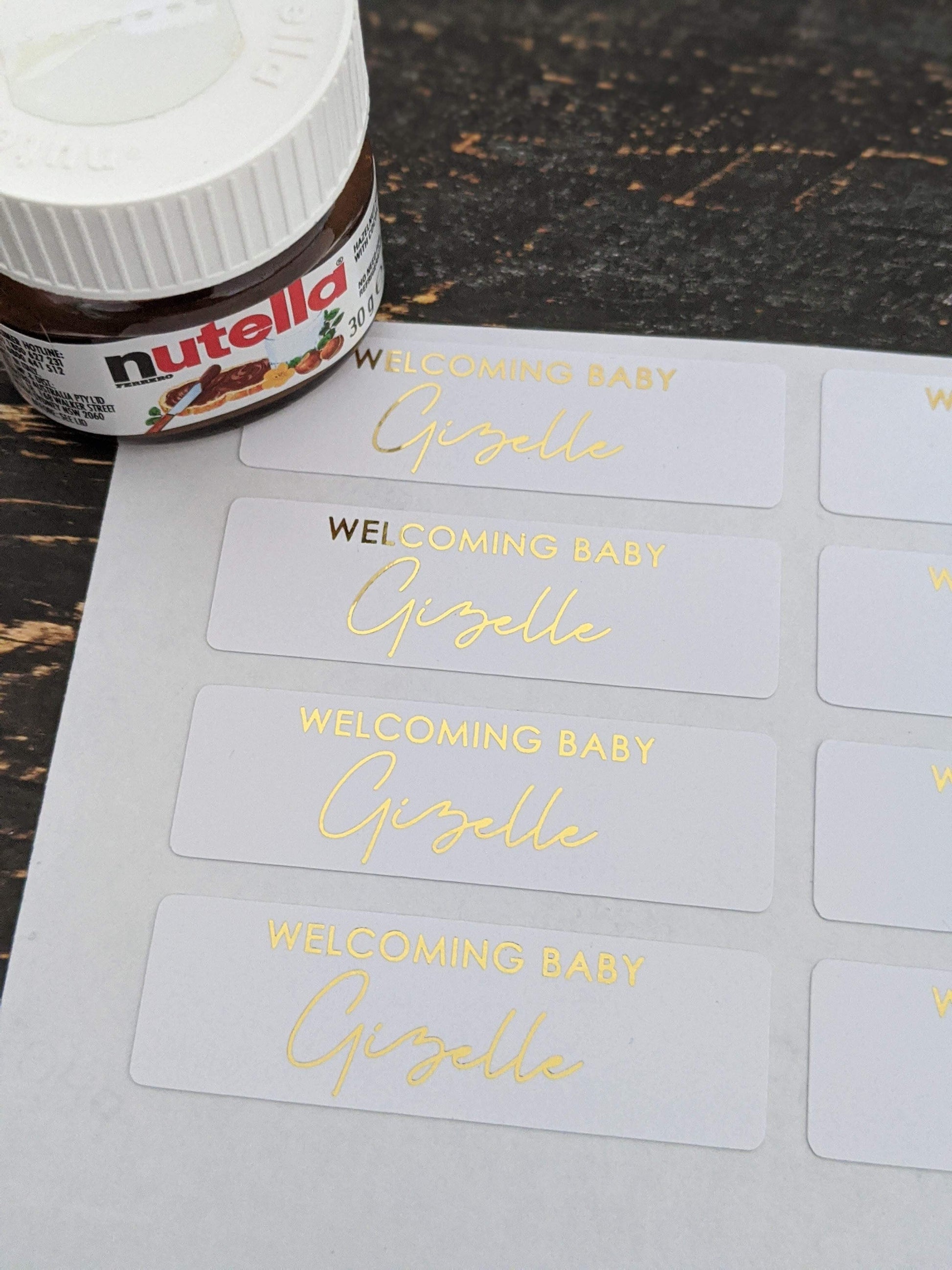 E&L Designs Baby Welcoming Nutella - 30 white stickers with foil