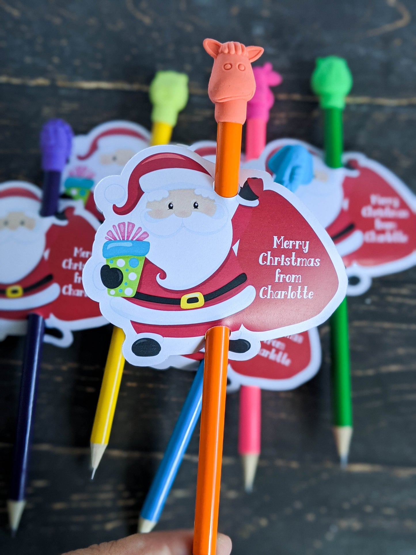 E&L Designs | Custom Foil Stickers Personalised Santa Pencil Holder, Set of 12