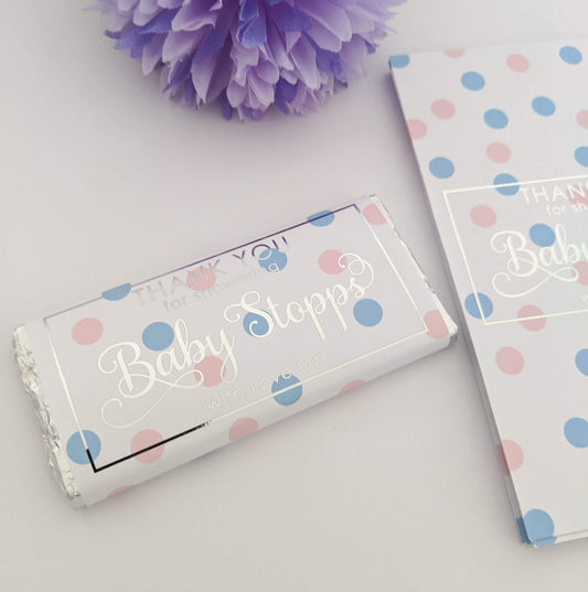 E&L Designs Pink Blue Polka Dots Baby Shower Chocolate Wrappers x 10